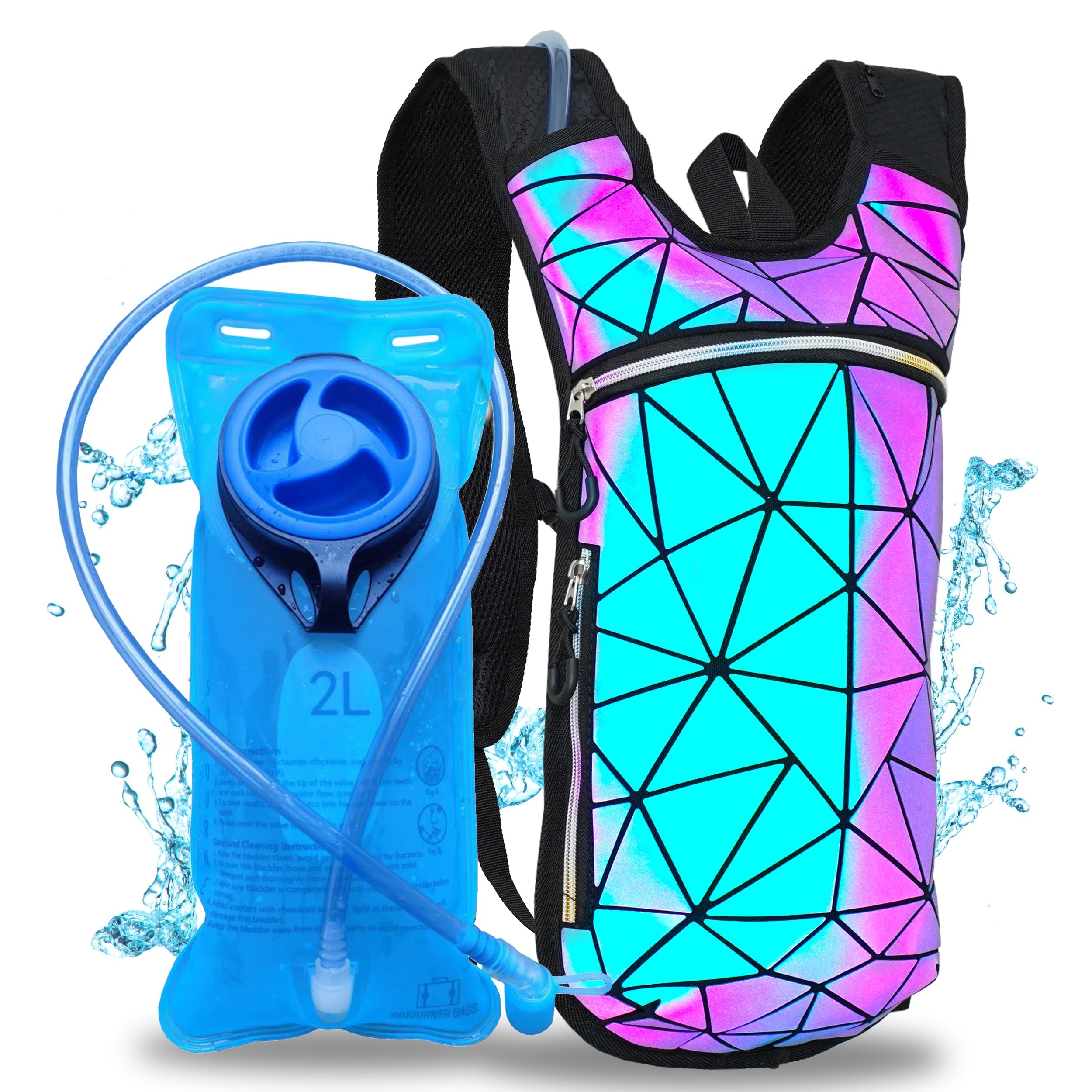 Hydration Pack Backpack (Small) featuring a 2L bladder and colorful geometric design for rave outfits.