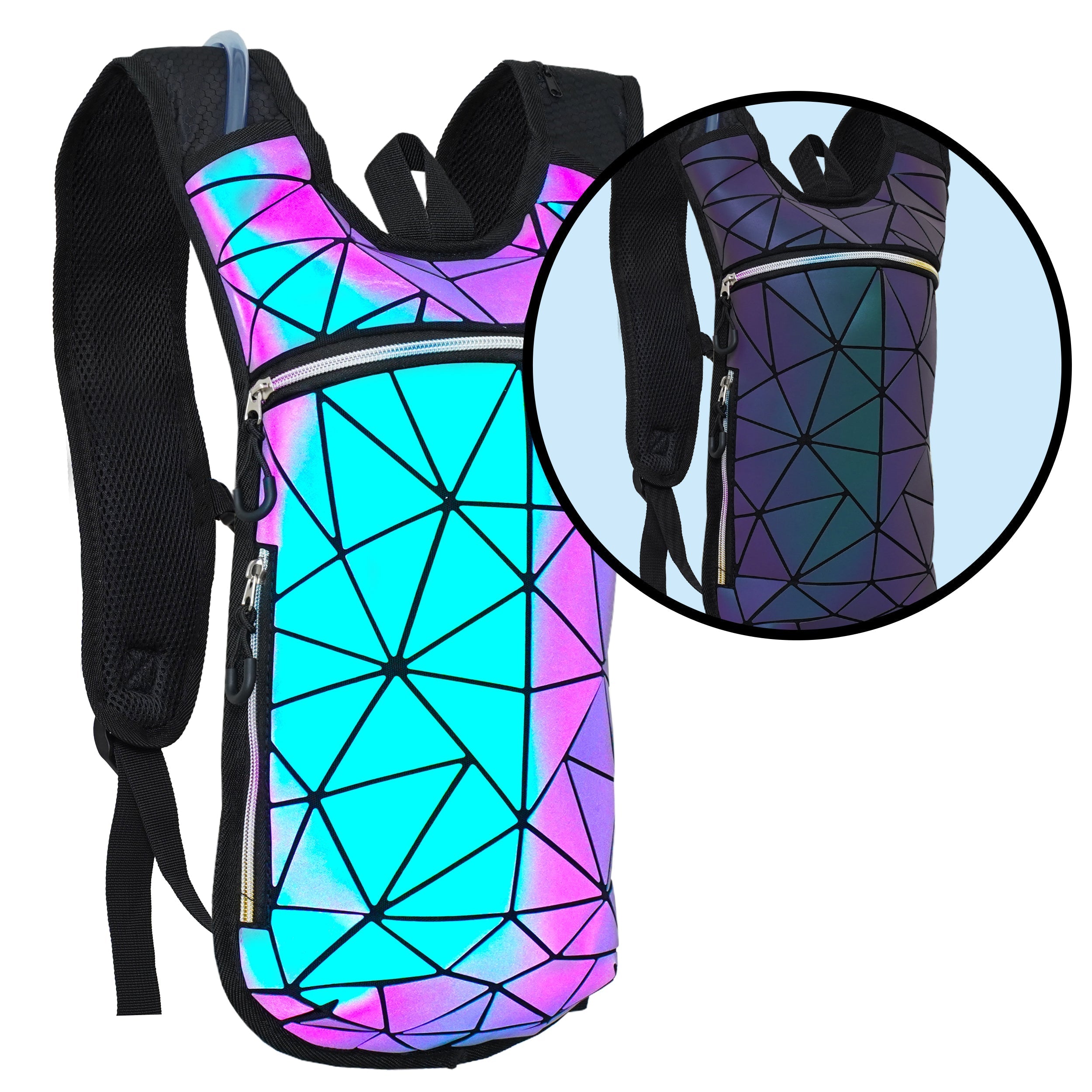 Hydration Pack Backpack (Small) in vibrant geometric design with adjustable straps, perfect for rave outfits.