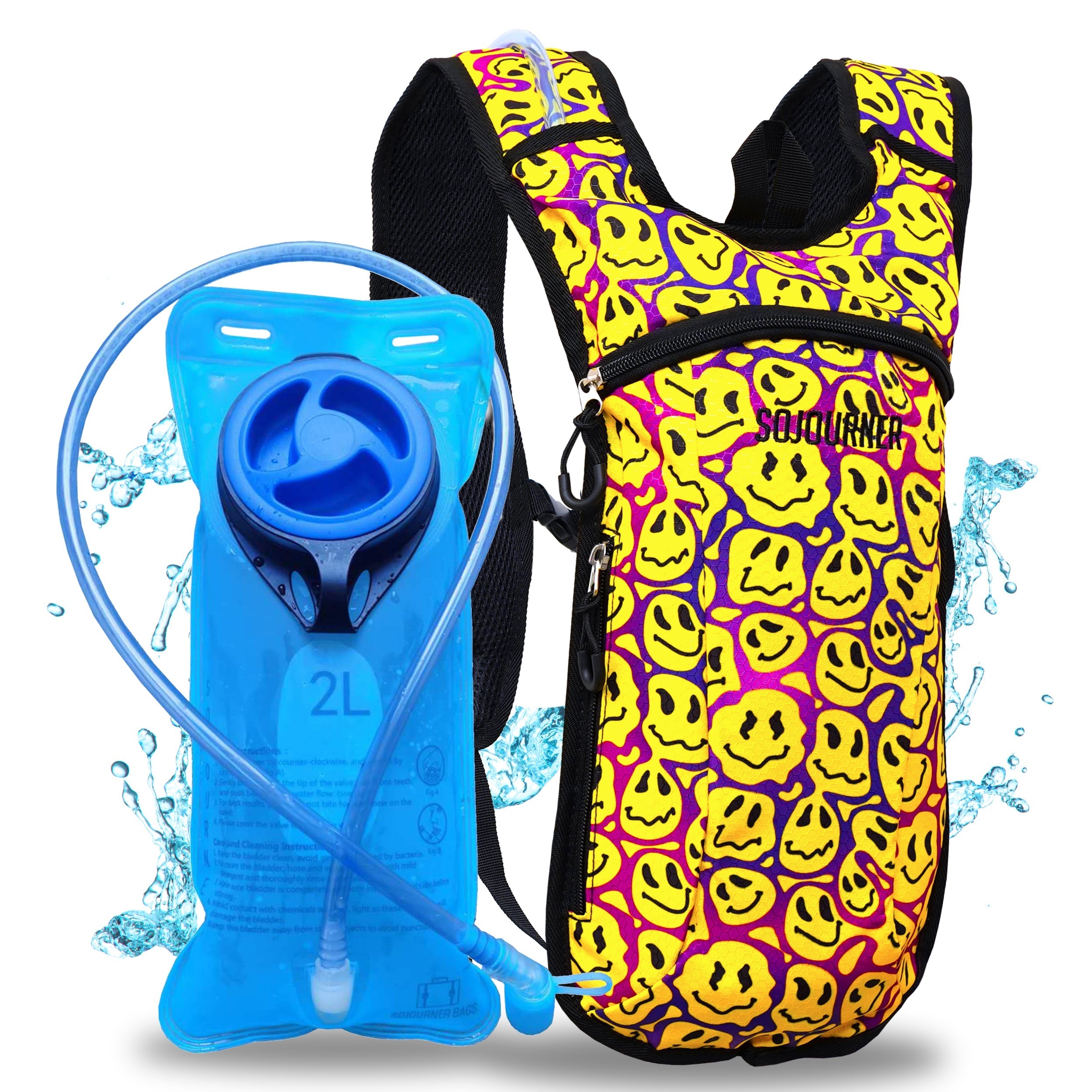 Hydration Pack Backpack (Small) with 2L bladder and cheerful smiley face design for comfortable wearing.