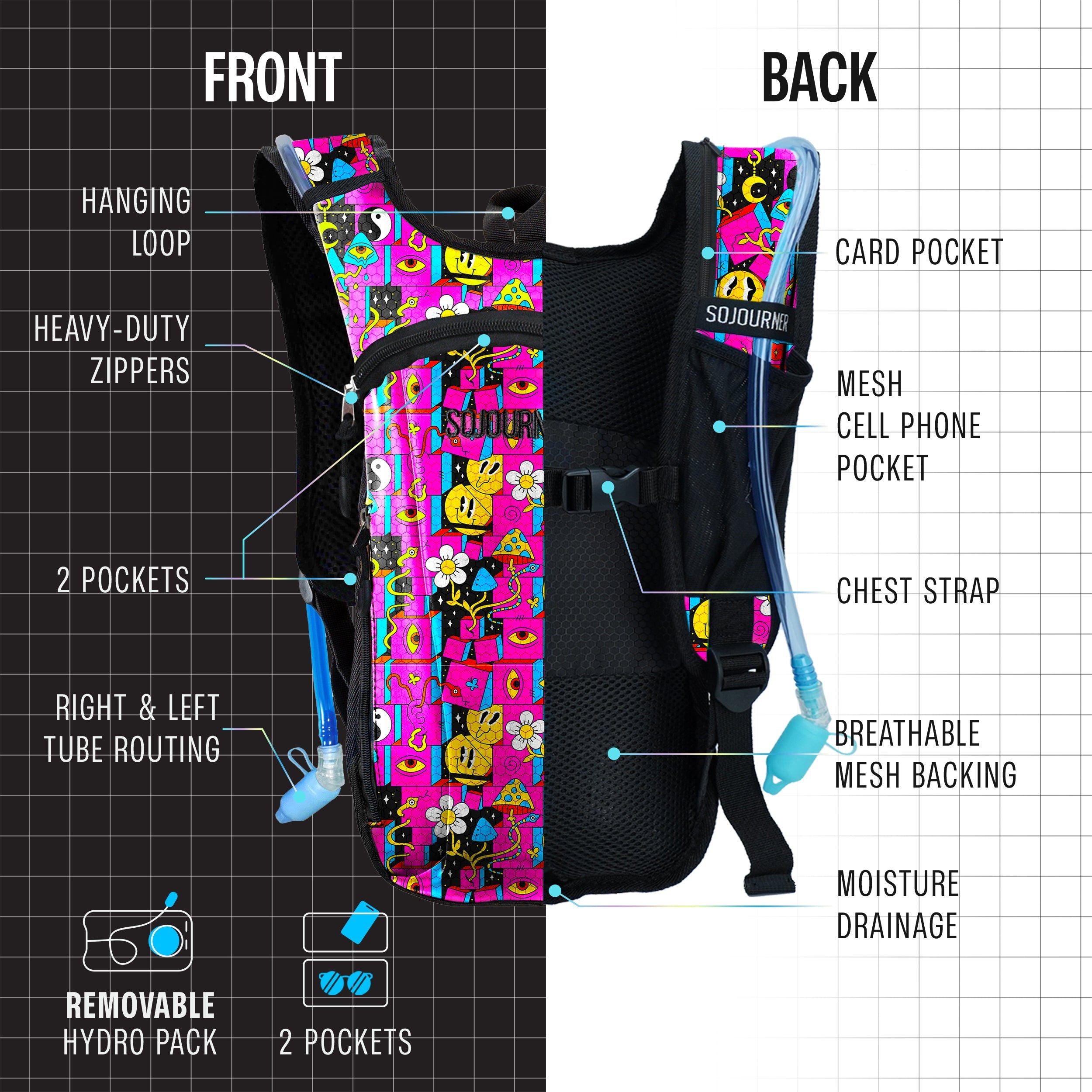 Hydration Pack Backpack (Small) with colorful design, pockets, and removable hydro pack features for comfort and utility.