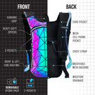 Hydration Pack Backpack (Small) with removable hydro pack, front and back features including pockets and breathable mesh backing.