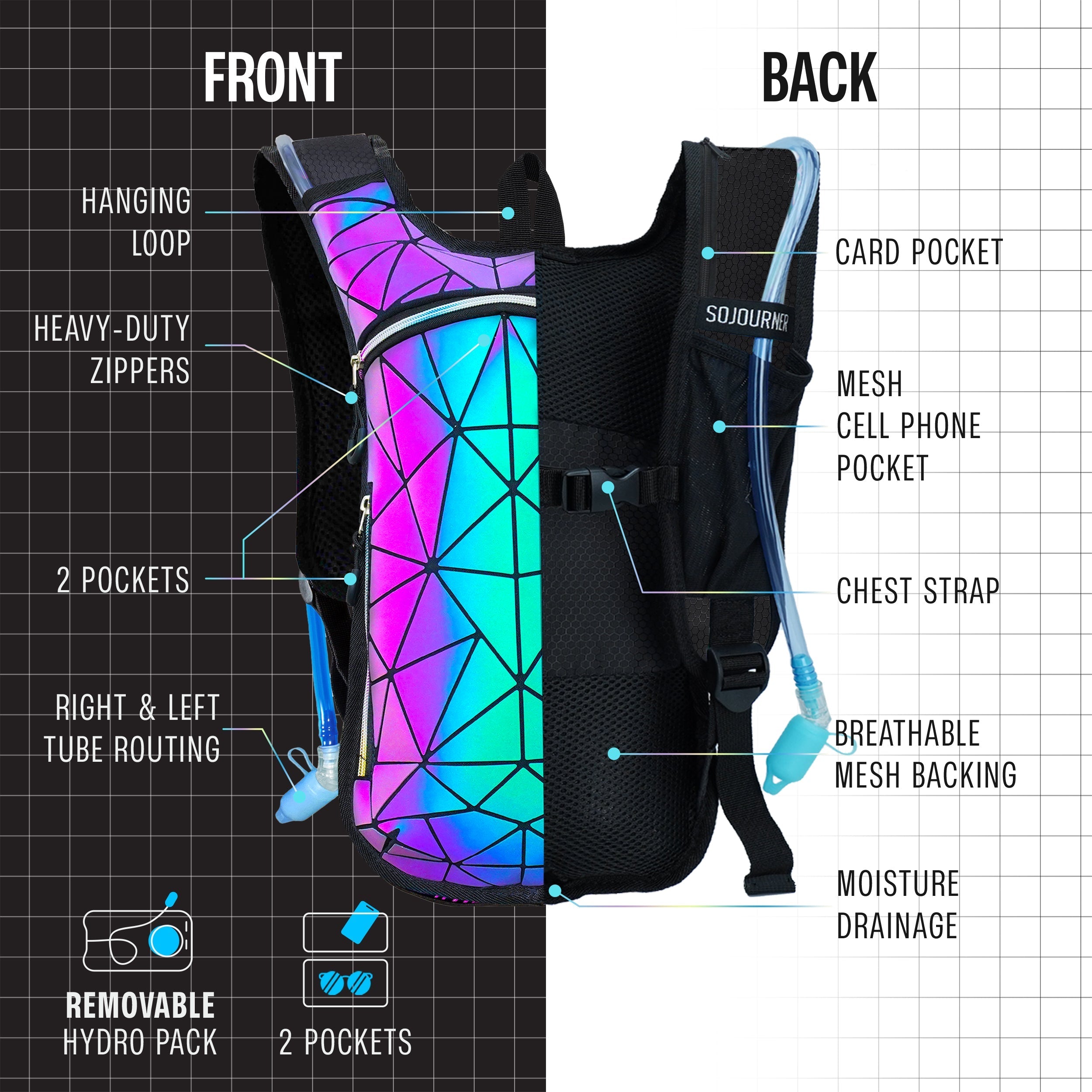Hydration Pack Backpack (Small) with removable hydro pack, front and back features including pockets and breathable mesh backing.