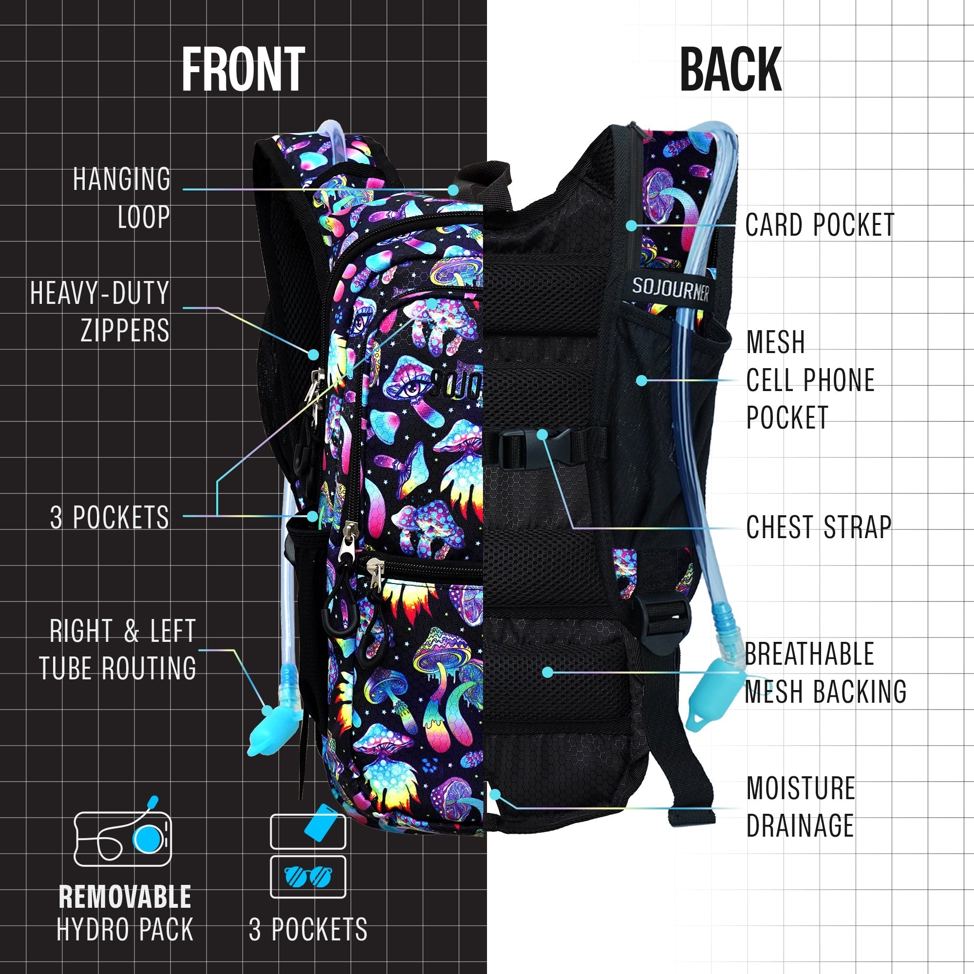 Hydration Pack Backpack (Medium) featuring colorful design, multiple pockets, and adjustable straps for ultimate comfort.
