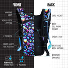 Hydration Pack Backpack (Small) front and back view with features like pockets, straps, and removable hydro pack.