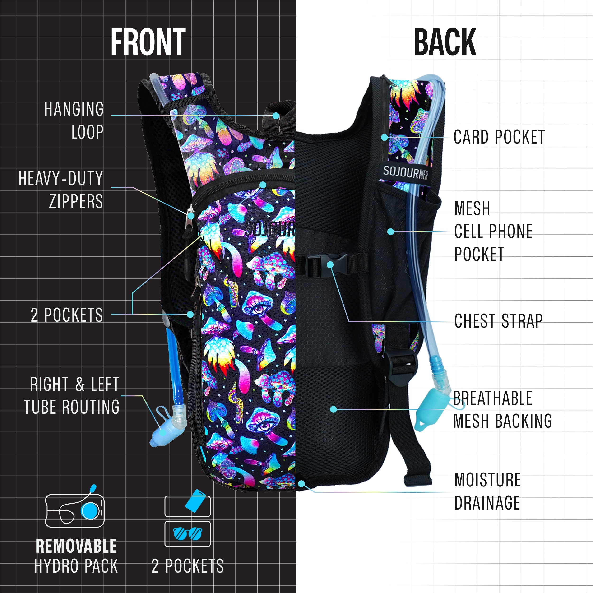 Hydration Pack Backpack (Small) front and back view with features like pockets, straps, and removable hydro pack.