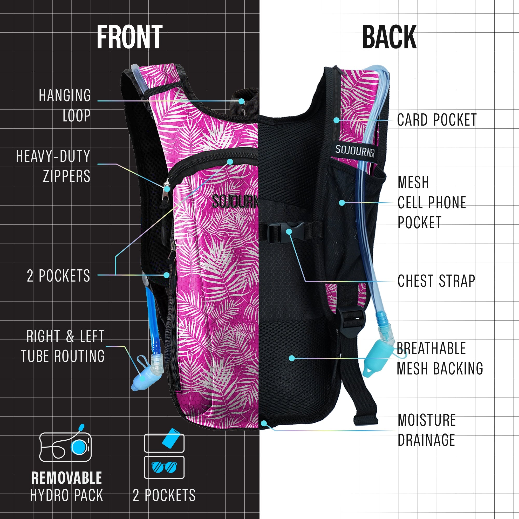 Hydration Pack Backpack (Small) featuring a vibrant design, two pockets, and adjustable straps for comfort.