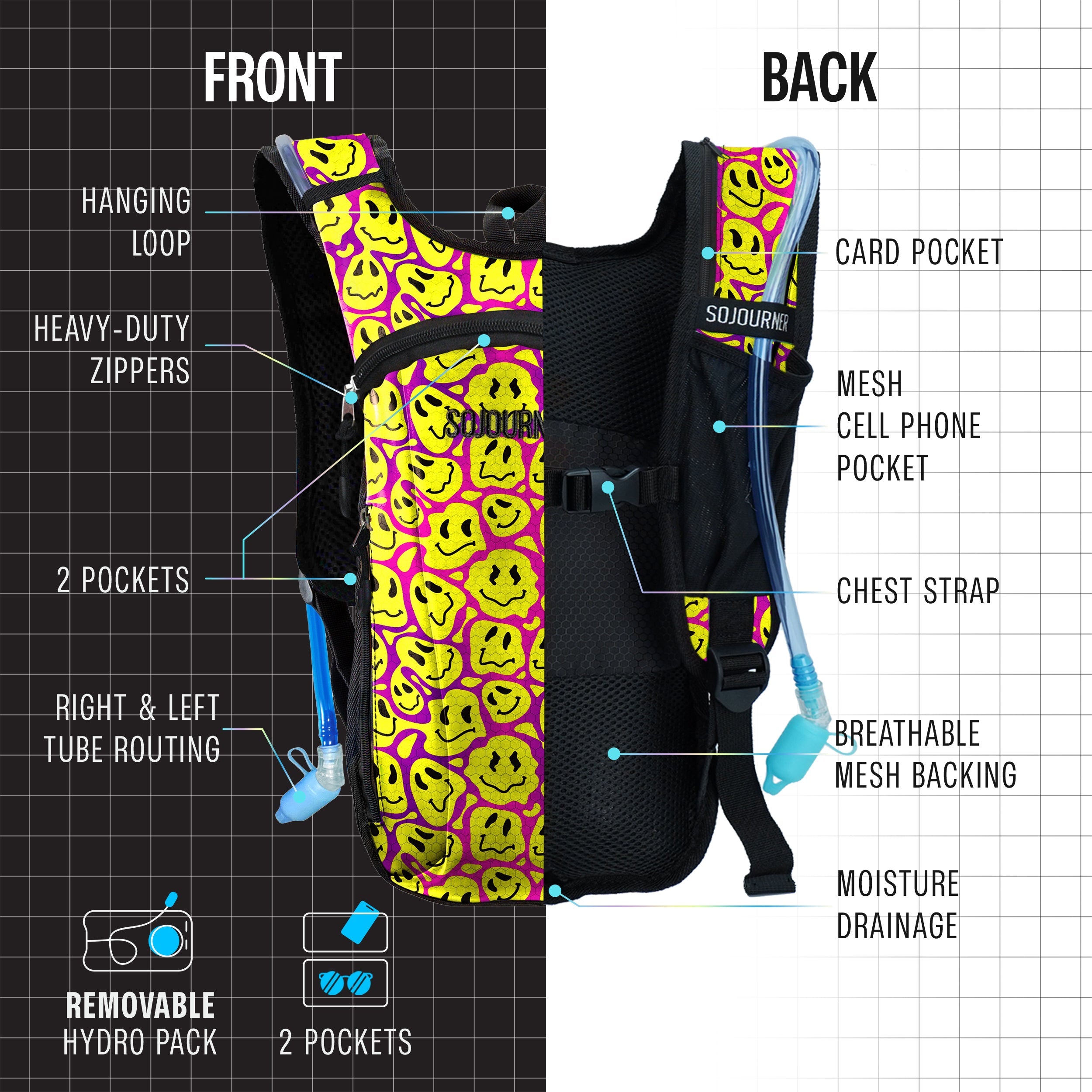 Front and back view of a Hydration Pack Backpack (Small) featuring vibrant design, pockets, and removable hydro pack.