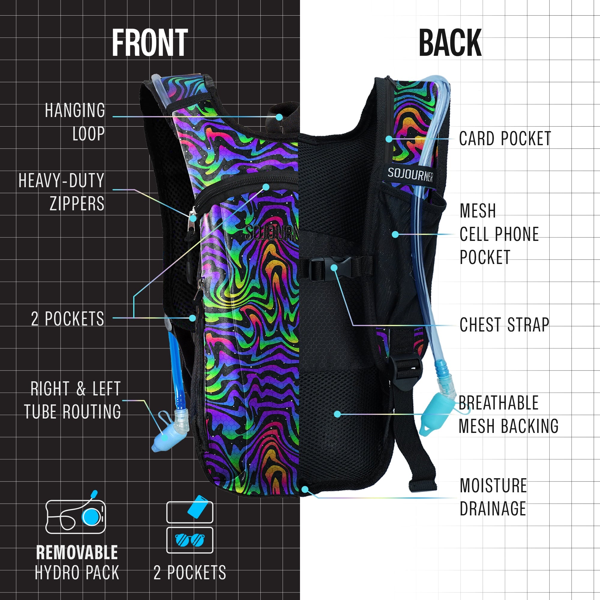 Hydration Pack Backpack (Small) featuring vibrant design, adjustable straps, and removable hydro pack for comfort on-the-go.