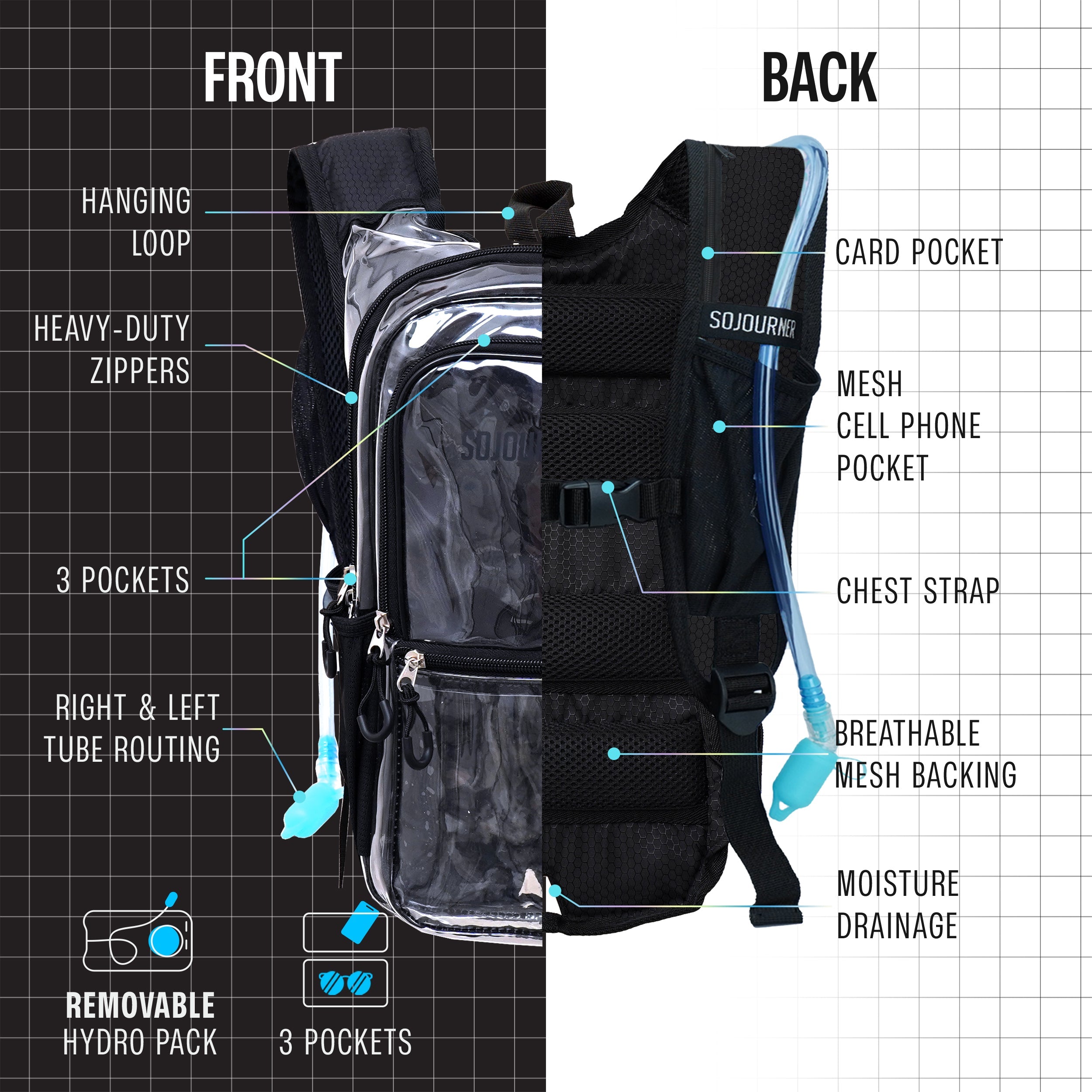 Hydration Pack Backpack (Medium) front and back view with pockets, zippers, and hydro pack features.