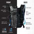 Hydration Pack Backpack (Small) showing front and back features with pockets and a removable hydro pack.