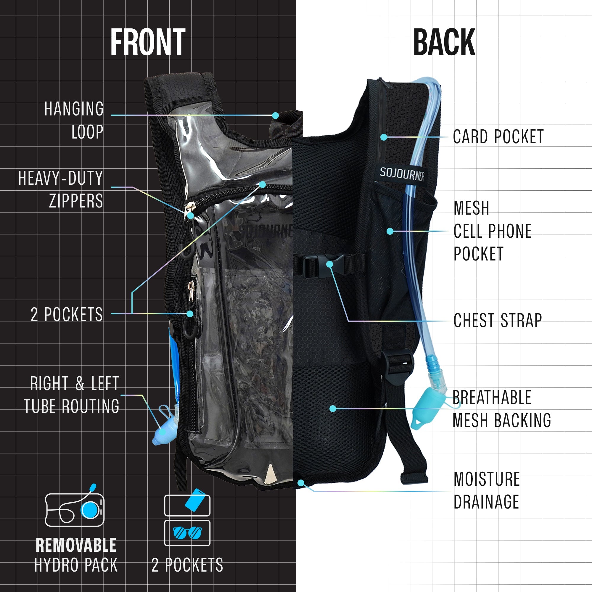 Hydration Pack Backpack (Small) showing front and back features with pockets and a removable hydro pack.