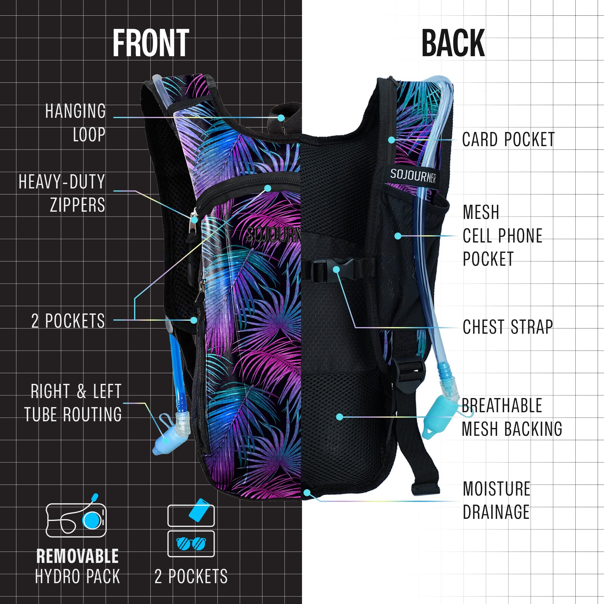 Hydration Pack Backpack (Small) with front and back features, including pockets and adjustable straps.