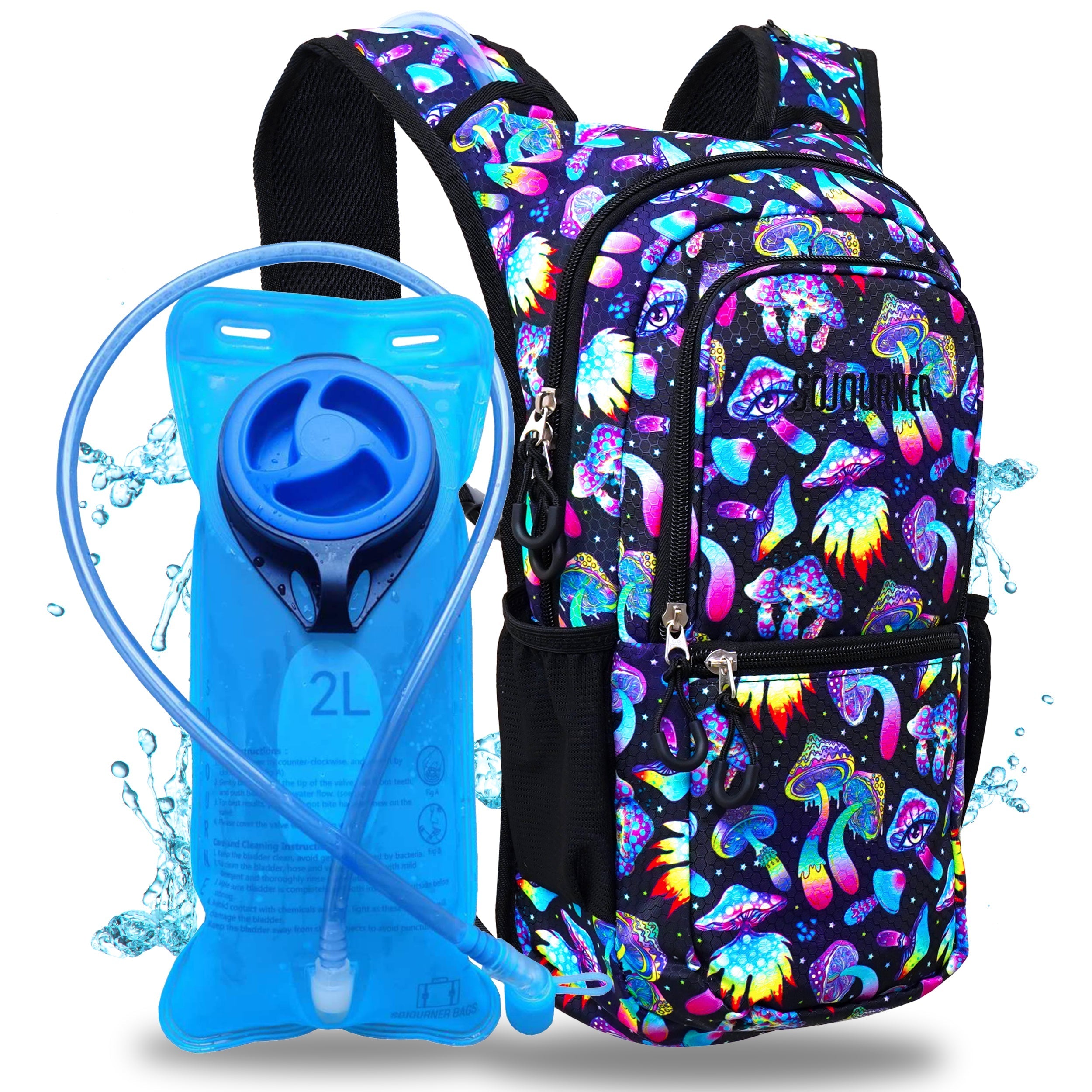 Hydration Pack Backpack (Medium) featuring colorful design and 2L BPA-free hydration bladder. Perfect for rave outfits.