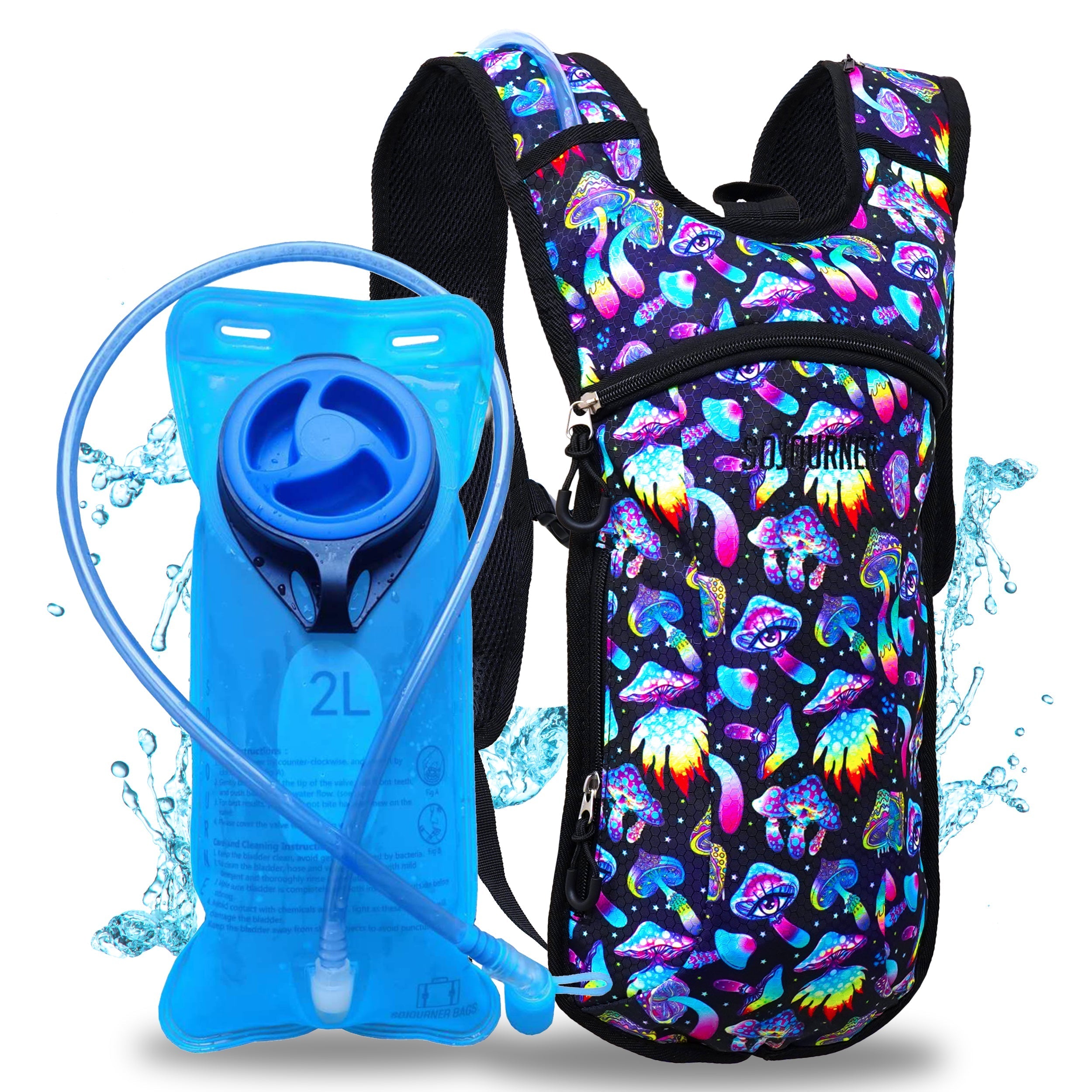 Hydration Pack Backpack (Small) featuring a 2L hydration bladder and colorful design, ideal for rave outfits.