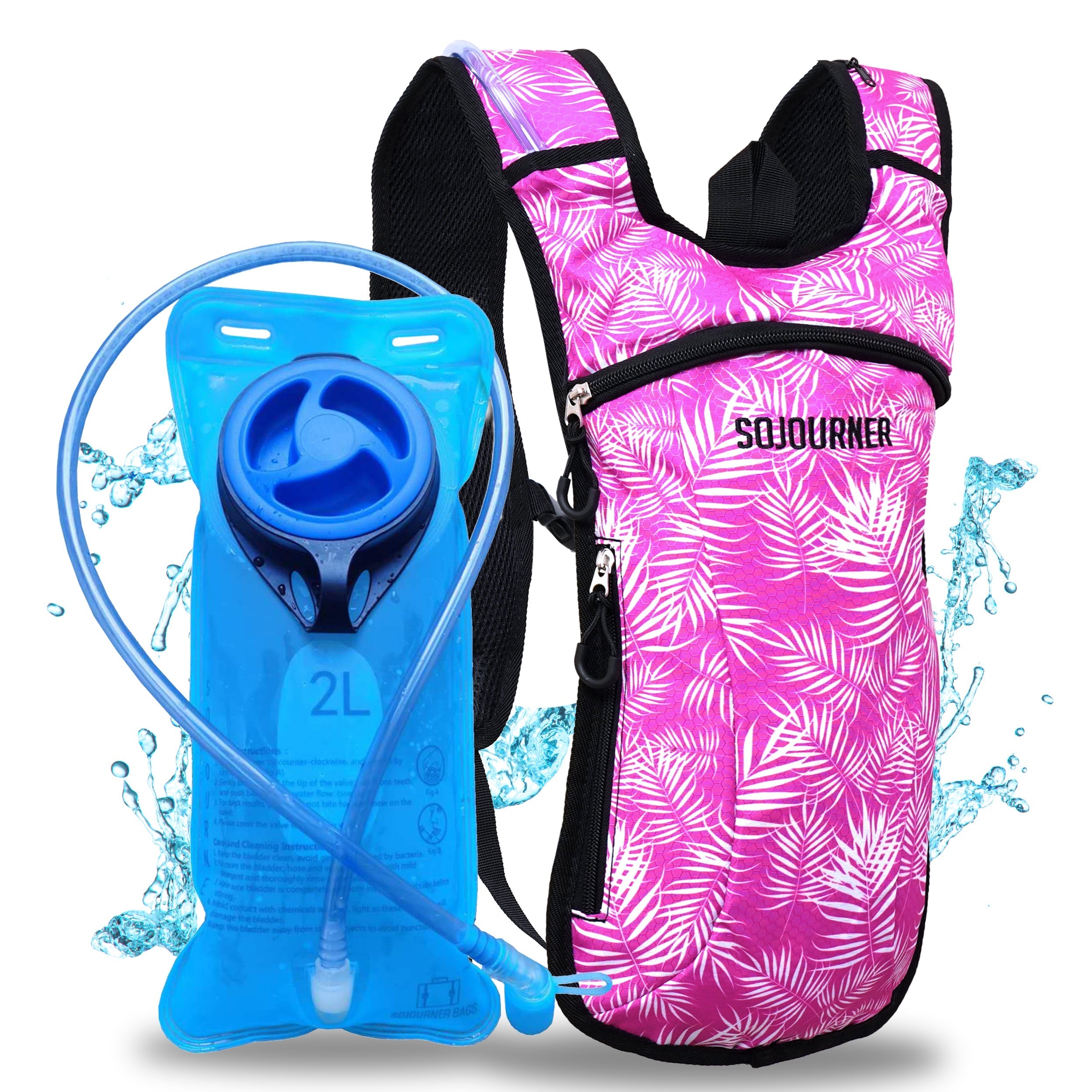 Hydration Pack Backpack (Small) in pink tropical design with a 2L hydration bladder and water tube.