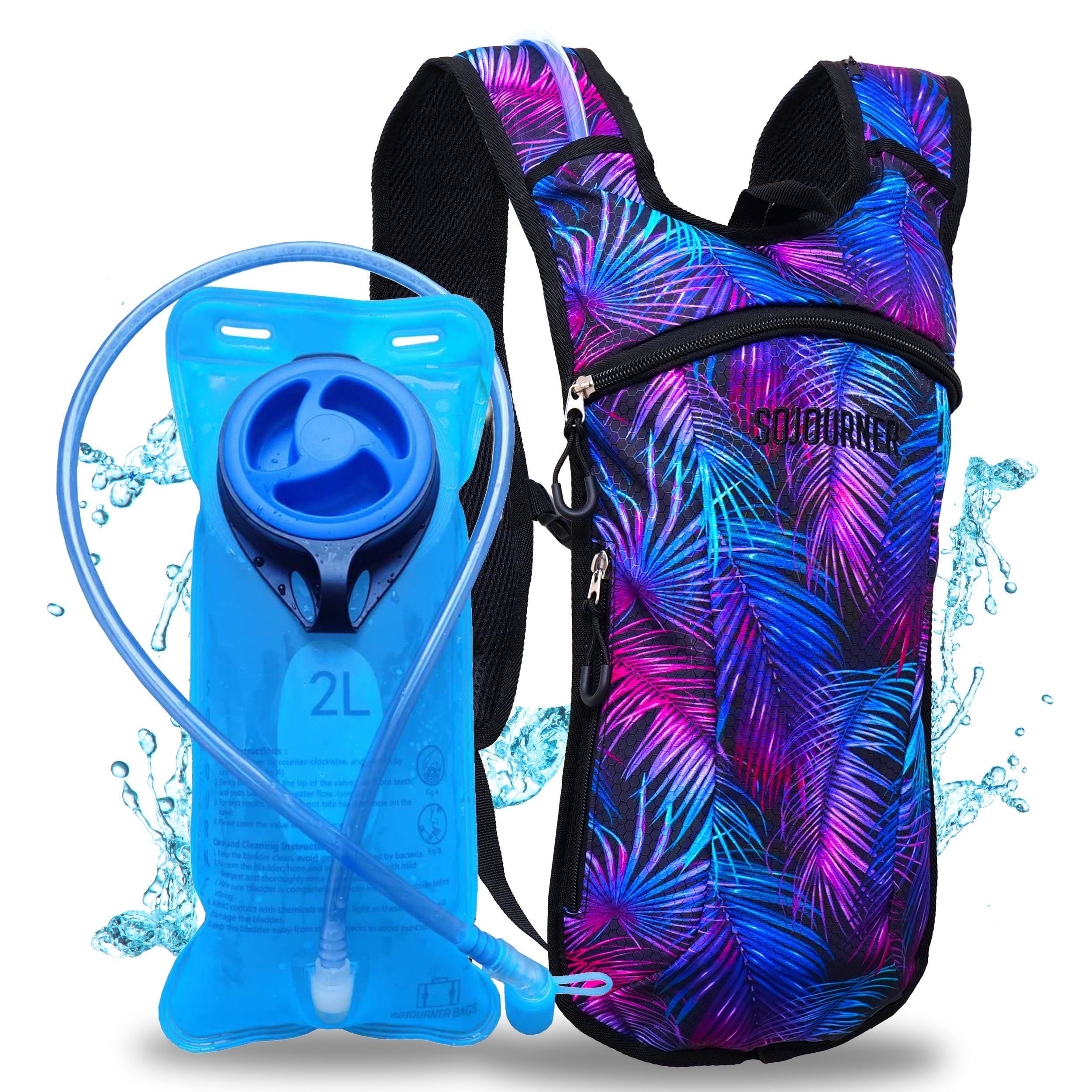 Hydration Pack Backpack (Small) with 2L bladder, stylish palm leaf design, and lightweight adjustable fit for comfort.