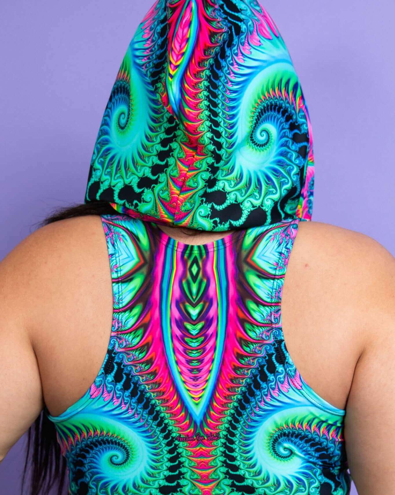 Vibrant Hypnotic Assassin Hood with psychedelic patterns, perfect for rave outfits and festivals.