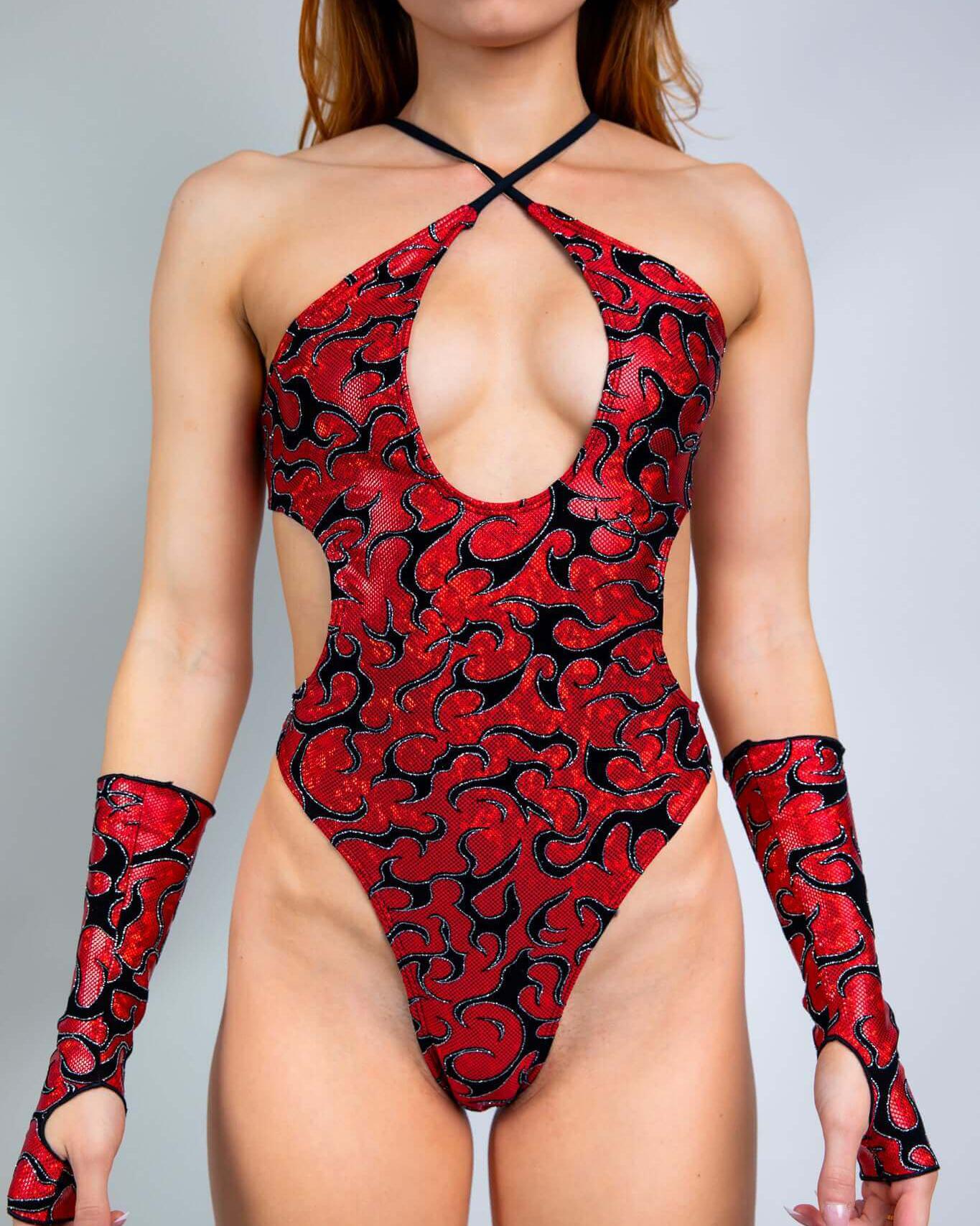 Inferno Halo Bodysuit featuring a high-hip cut, thong back, and keyhole cutout, perfect for rave outfits.