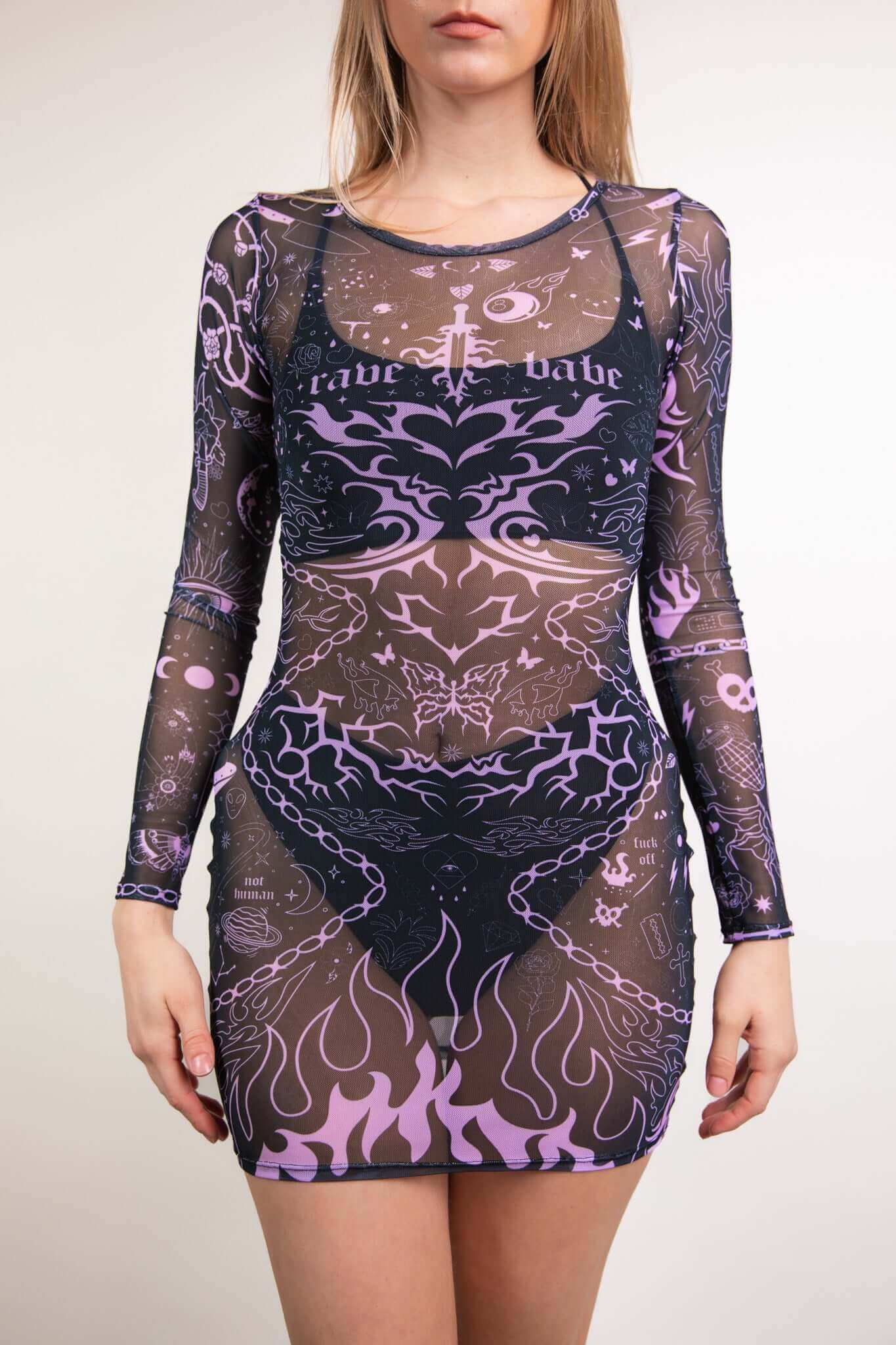 Inkwork Long Sleeve Mesh Dress Freedom Rave Wear Size: X-Small