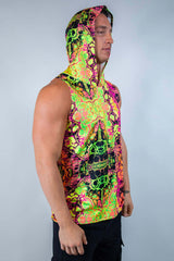 Intensity Men's tank top with hood in vibrant neon skull print, perfect for rave outfits and casual wear.