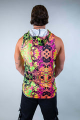 Back view of Intensity Men's Tank Top with Hood in vibrant multicolor pattern, ideal for rave outfits.