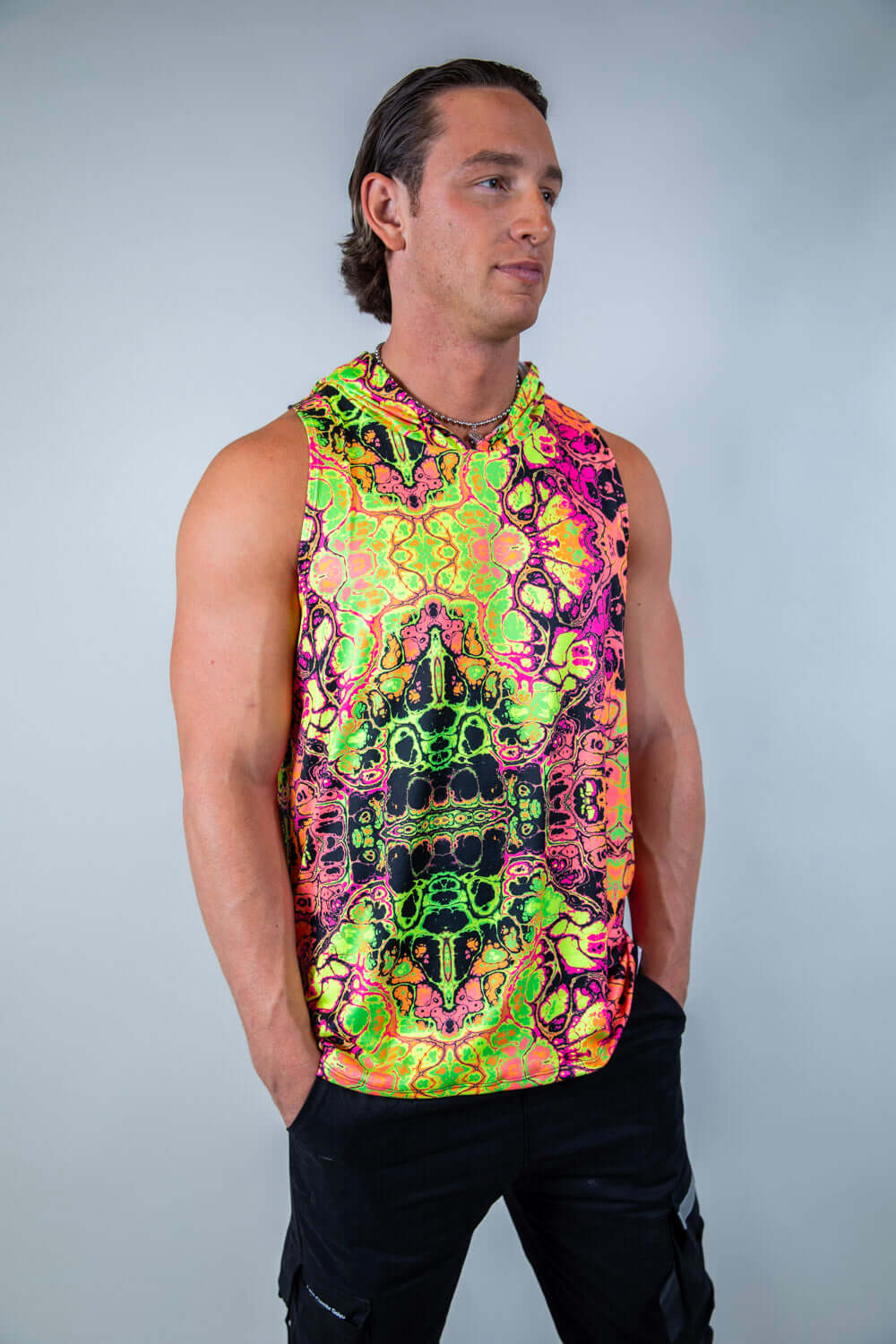 Intensity Mens Tank Top with Hood in vibrant neon colors, perfect for rave outfits and casual wear.