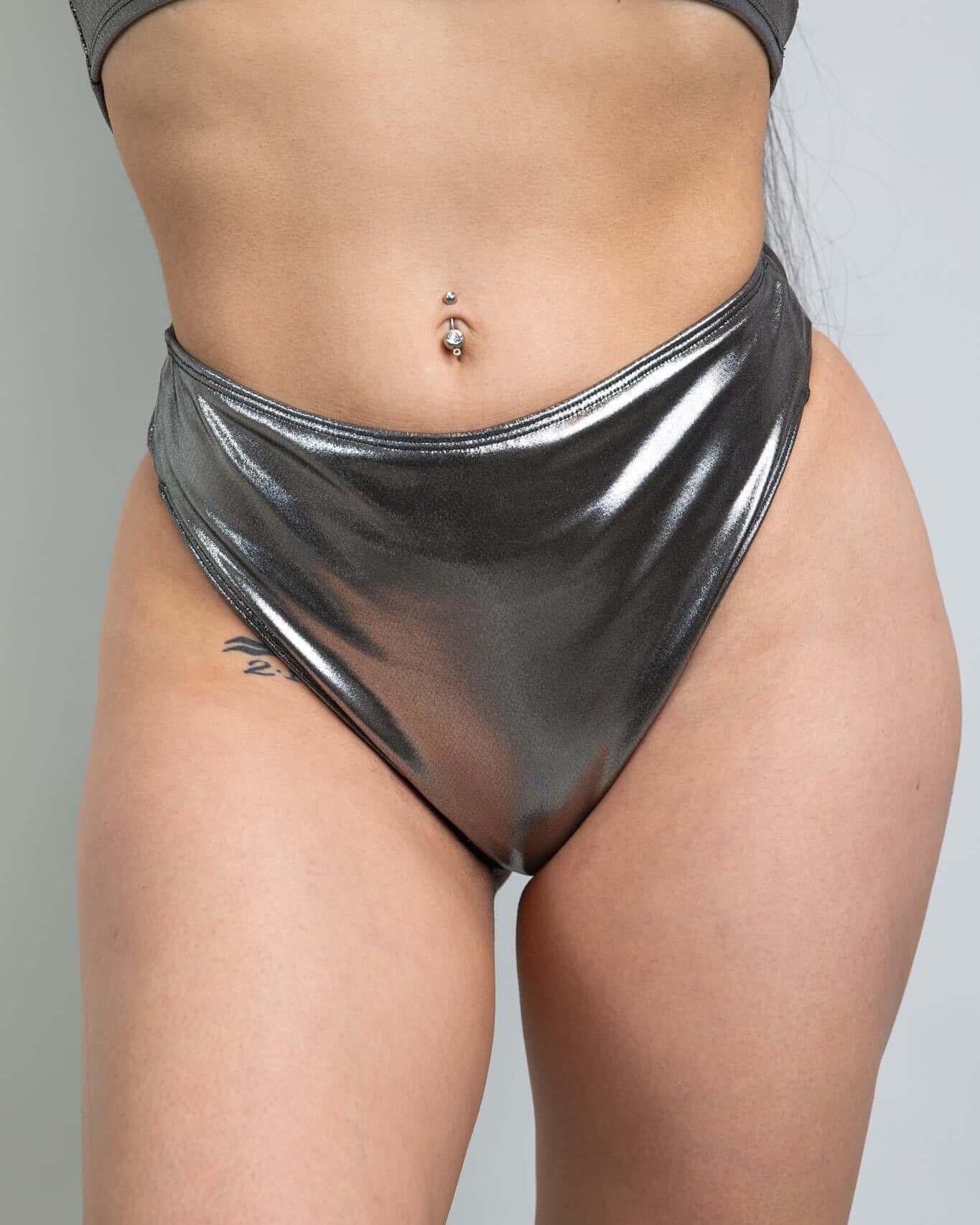 Chrome high waisted thong showcasing a sleek metallic design, perfect for rave outfits and stylish comfort.