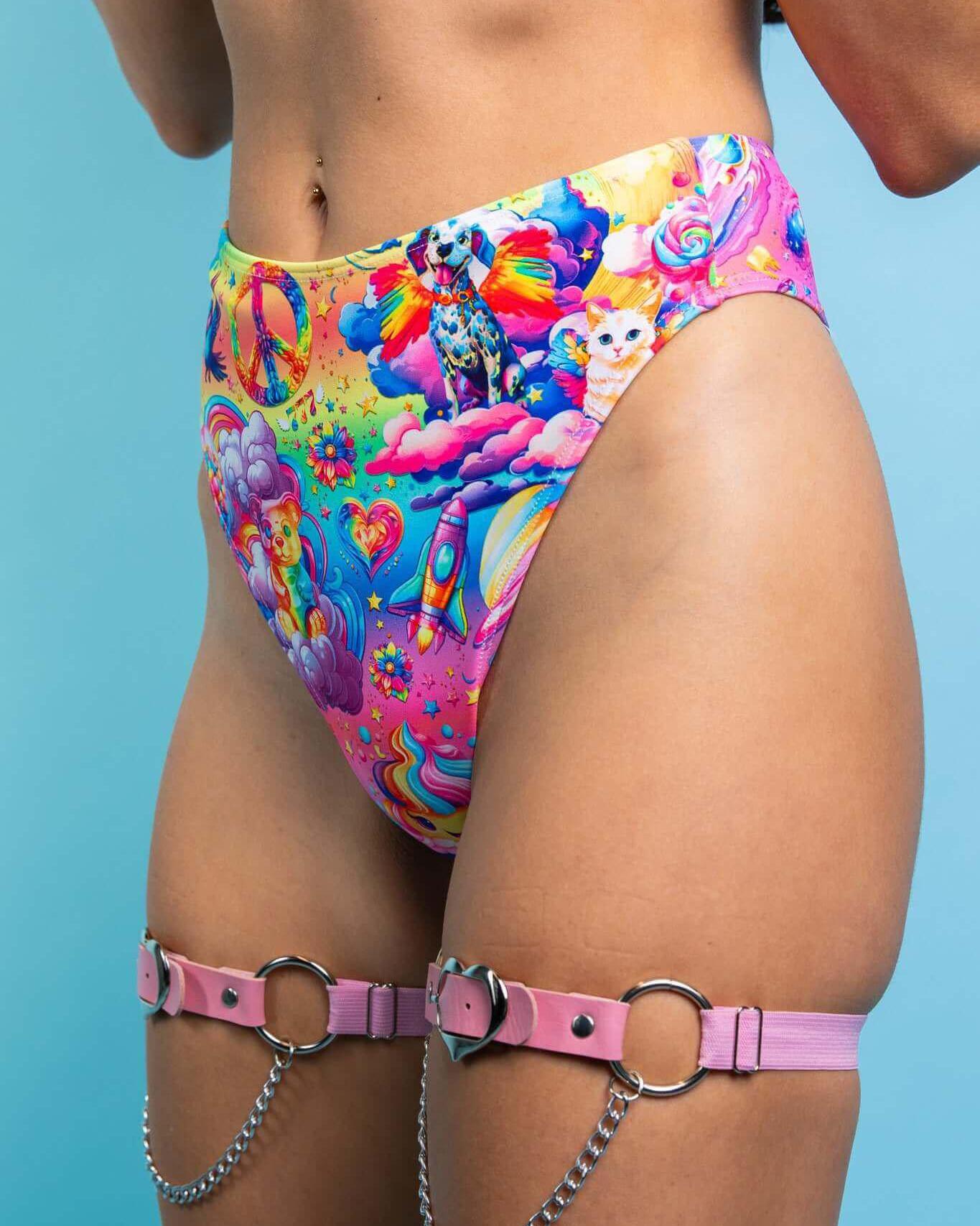 Kosmic High Waisted Thong in colorful design, perfect for rave outfits, featuring playful patterns and high-cut leg.