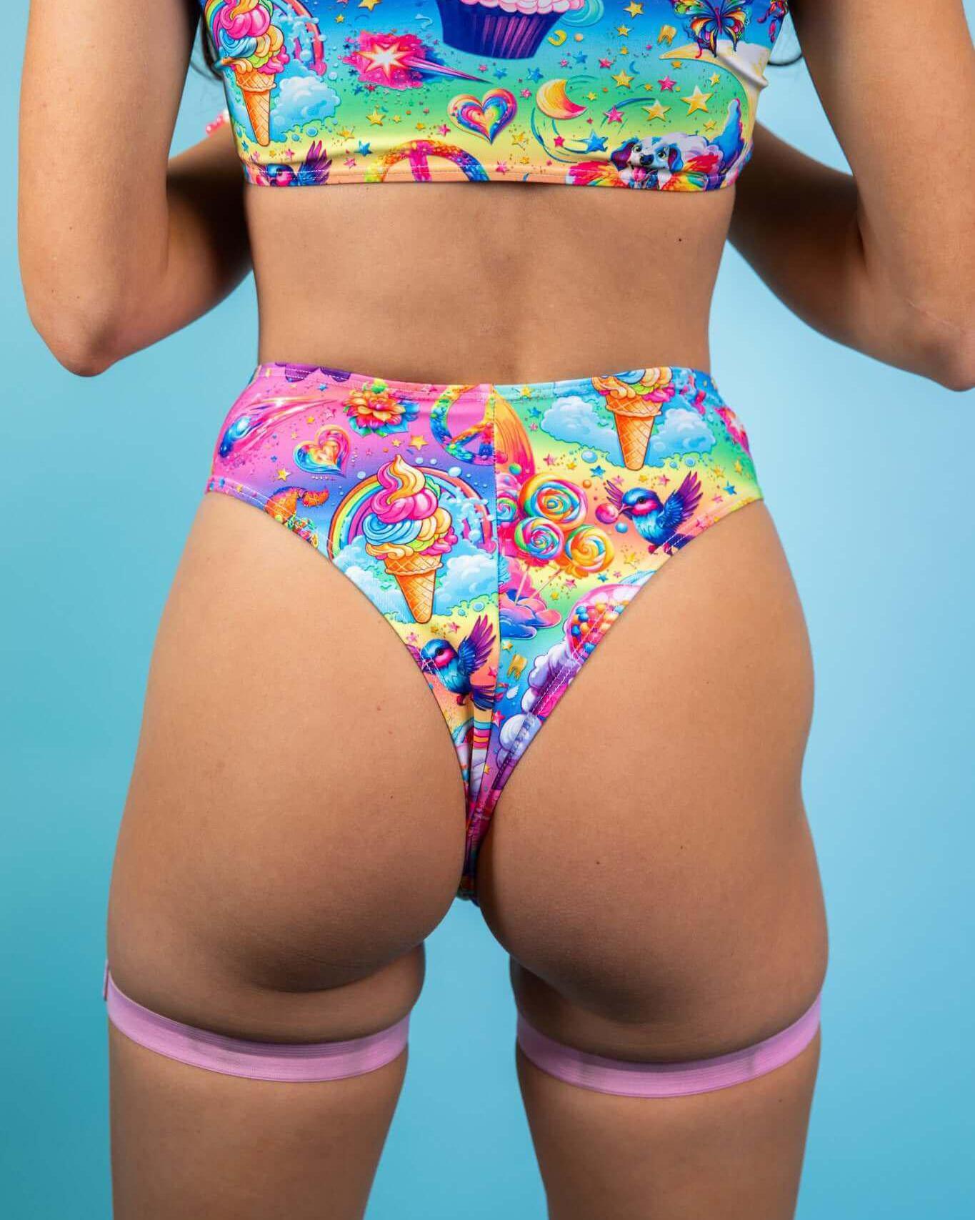 Colorful Kosmic High Waisted Thong featuring fun ice cream and cupcake prints, perfect for rave outfits.