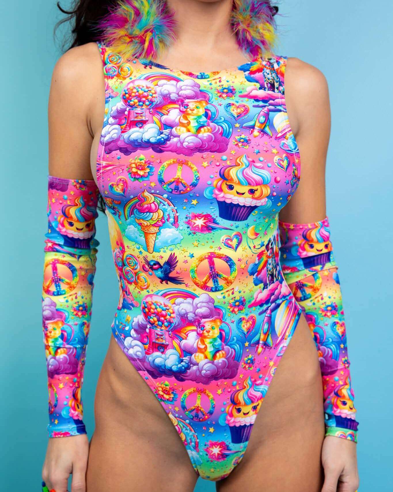 Colorful rave bodysuit with playful patterns, long sleeves, and bold cutouts, perfect for dancing and making a statement.