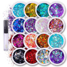 16 pack + 1 glitter glue Chunky Cosmetic Holographic Glitter | Body, Face & Hair Safe in colorful containers with glitter glue.