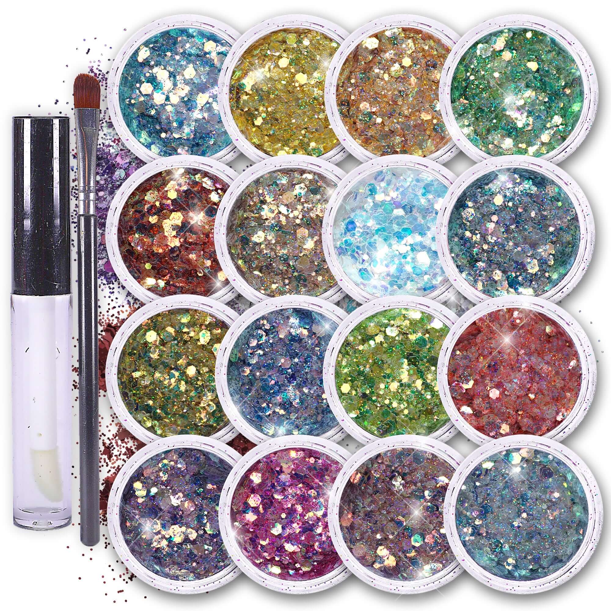 16 pack + 1 glitter glue Chunky Cosmetic Holographic Glitter | Body, Face & Hair Safe in various colors with a brush.
