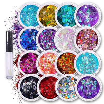 16 pack + 1 glitter glue Chunky Cosmetic Holographic Glitter | Body, Face & Hair Safe in colorful containers with glitter glue.