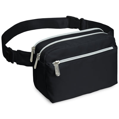 Fanny Pack (3 Pocket) in black with three zippered compartments and adjustable strap, perfect for rave outfits.