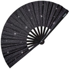 Black glitter folding Festival Fans, perfect for raves, parties, and as trendy accessories for women.