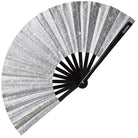 Festival Fans - Large silver holographic folding fan for raves and festivals, perfect accessory for stunning outfits.
