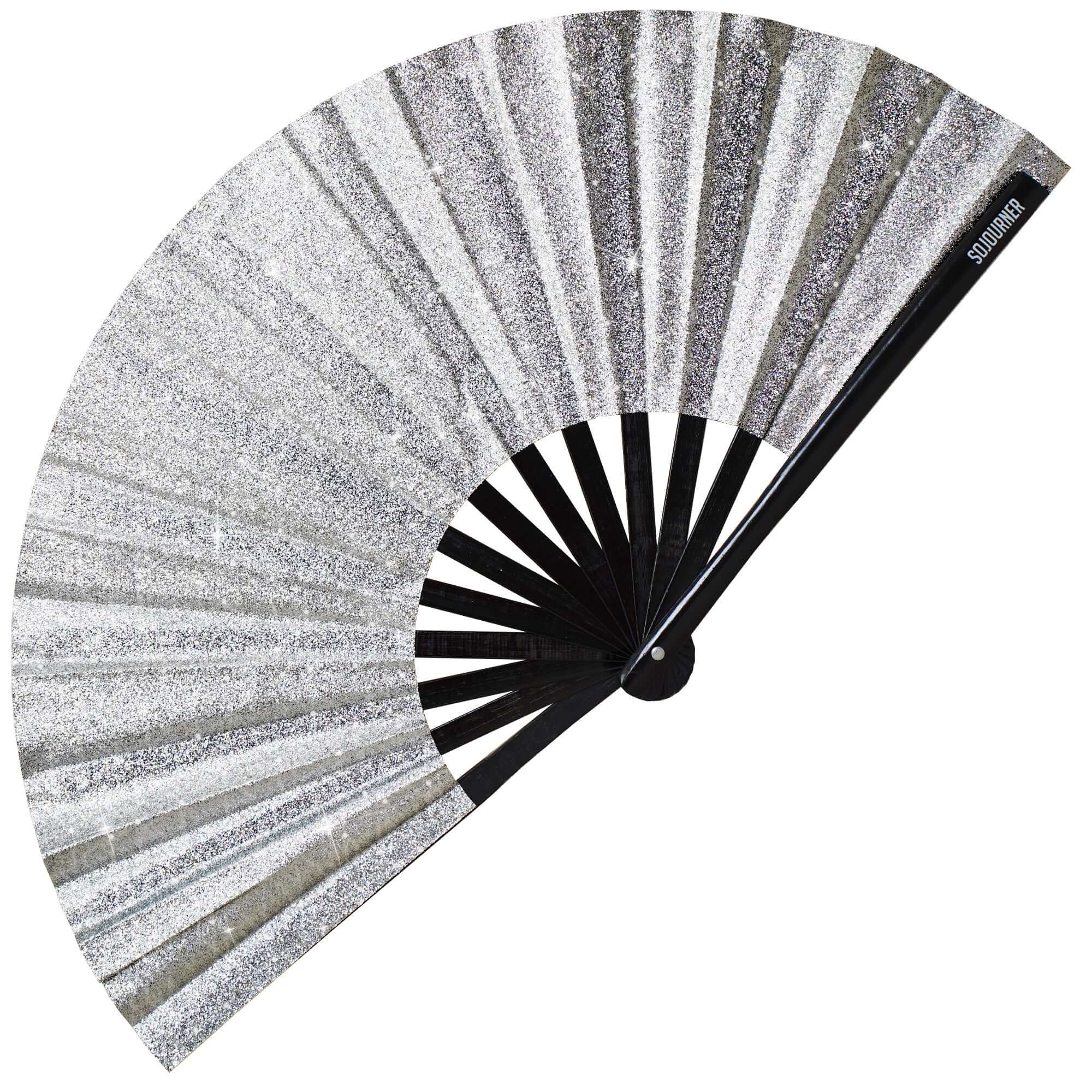 Festival Fans - Large silver holographic folding fan for raves and festivals, perfect accessory for stunning outfits.