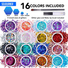 16 pack + 1 glitter glue Chunky Cosmetic Holographic Glitter | Body, Face & Hair Safe with various colors and sizes.