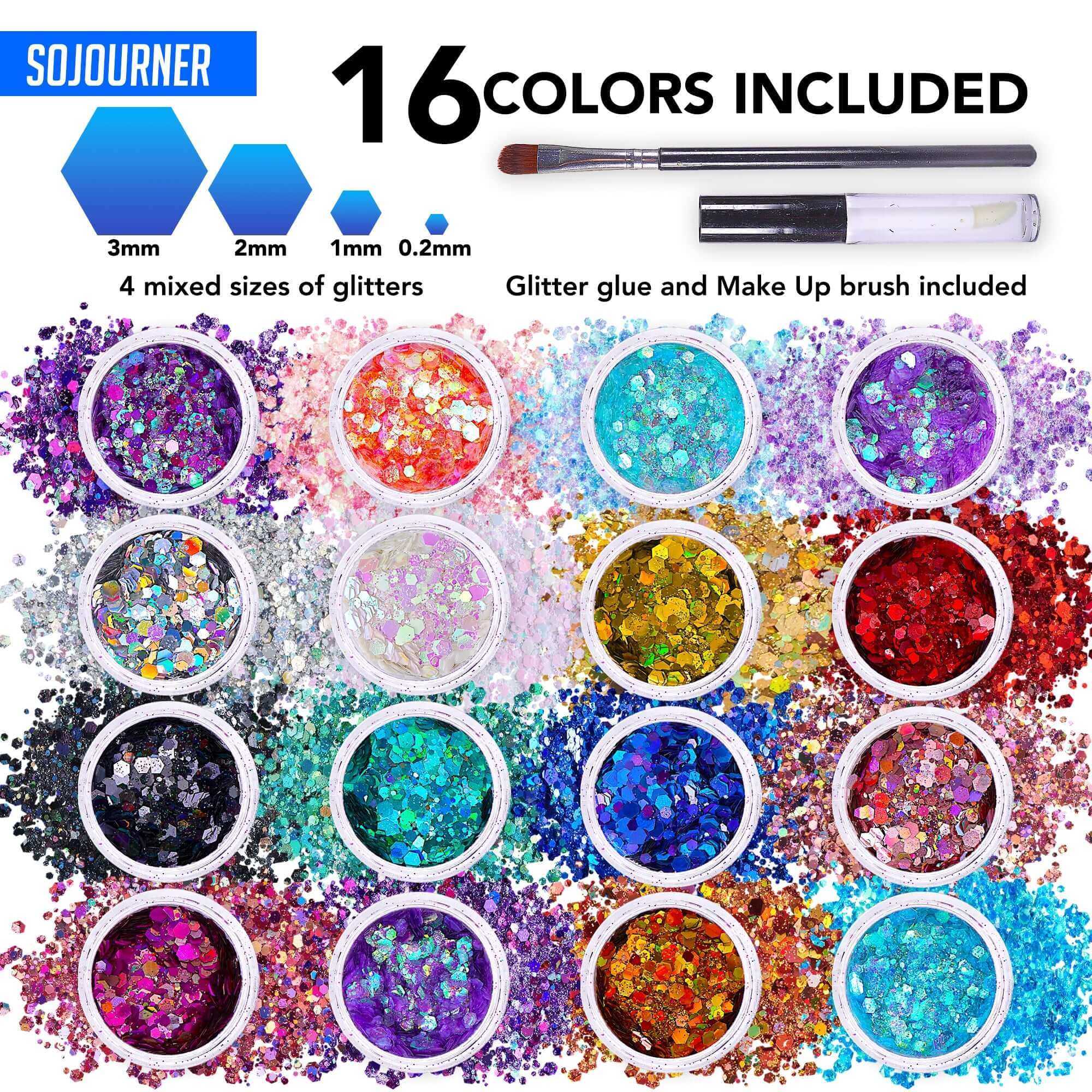 16 pack + 1 glitter glue Chunky Cosmetic Holographic Glitter | Body, Face & Hair Safe with various colors and sizes.