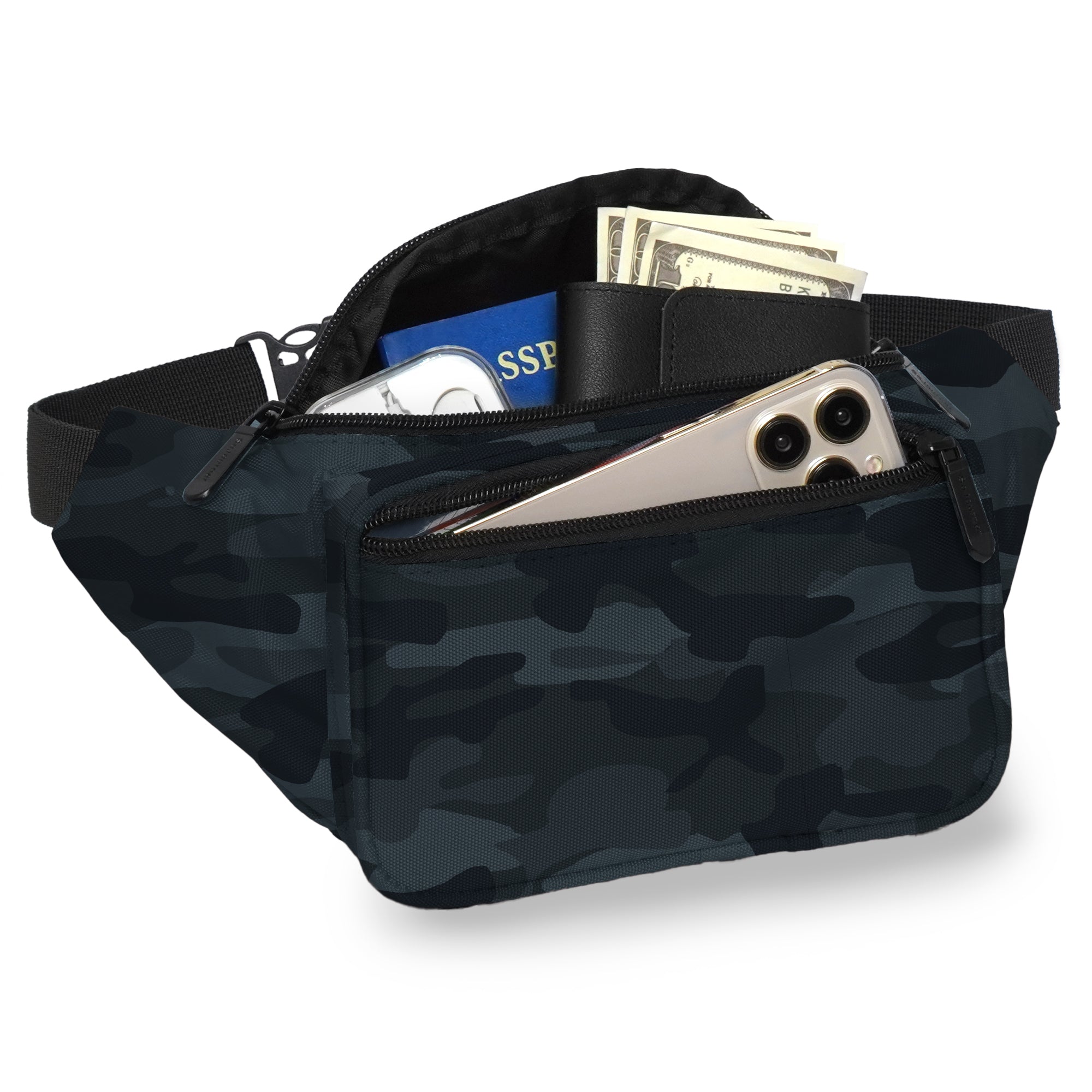 Fanny Pack (Solids) showing spacious 3-pocket design with cash and phone, perfect for rave outfits.