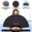 Festival Fans showing a black glitter fabric folding fan with bamboo frame, ideal for rave outfits and festivals.