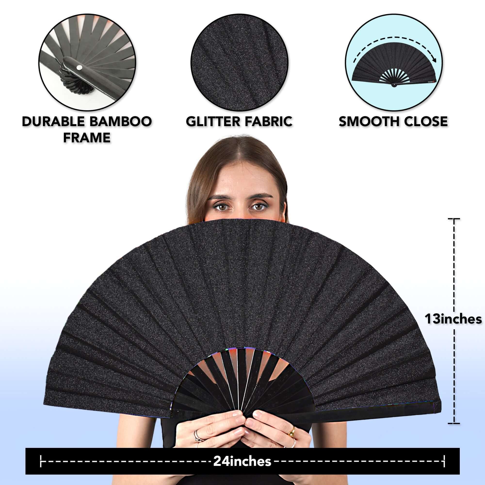Festival Fans showing a black glitter fabric folding fan with bamboo frame, ideal for rave outfits and festivals.