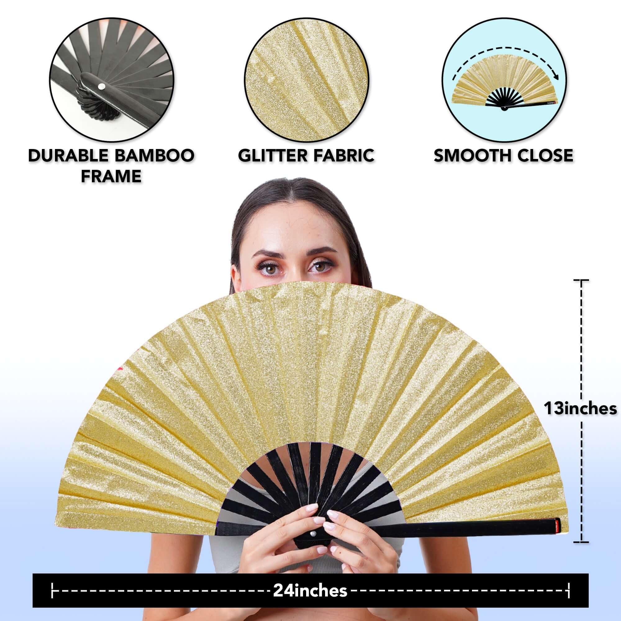 Festival Fans showcasing a gold glitter folding fan with a durable bamboo frame, perfect for rave outfits.