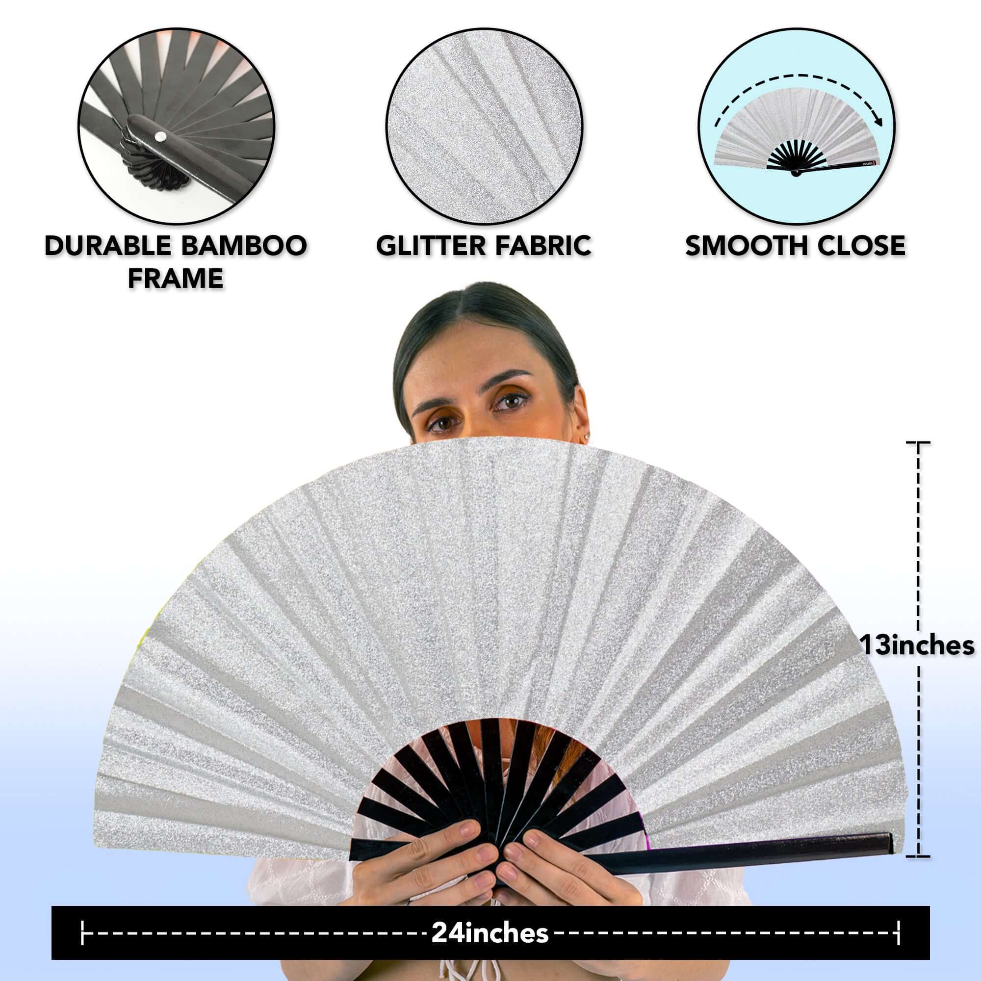 Festival Fans - Large folding fan with glitter fabric and bamboo frame, perfect for rave outfits and festivals.