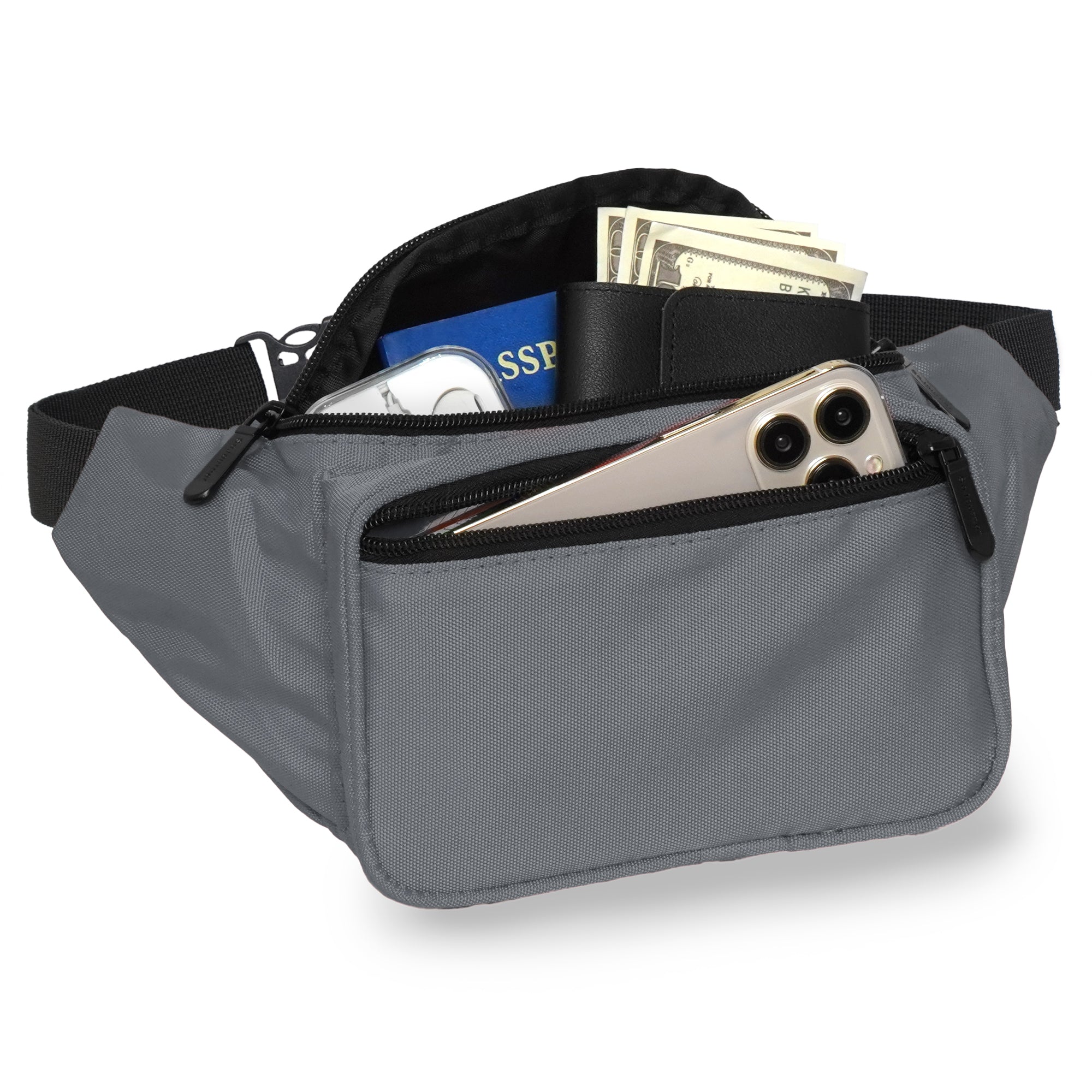 Fanny Pack (Solids) in gray with organized pockets for phone, money, and cards, ideal for Rave Outfits.