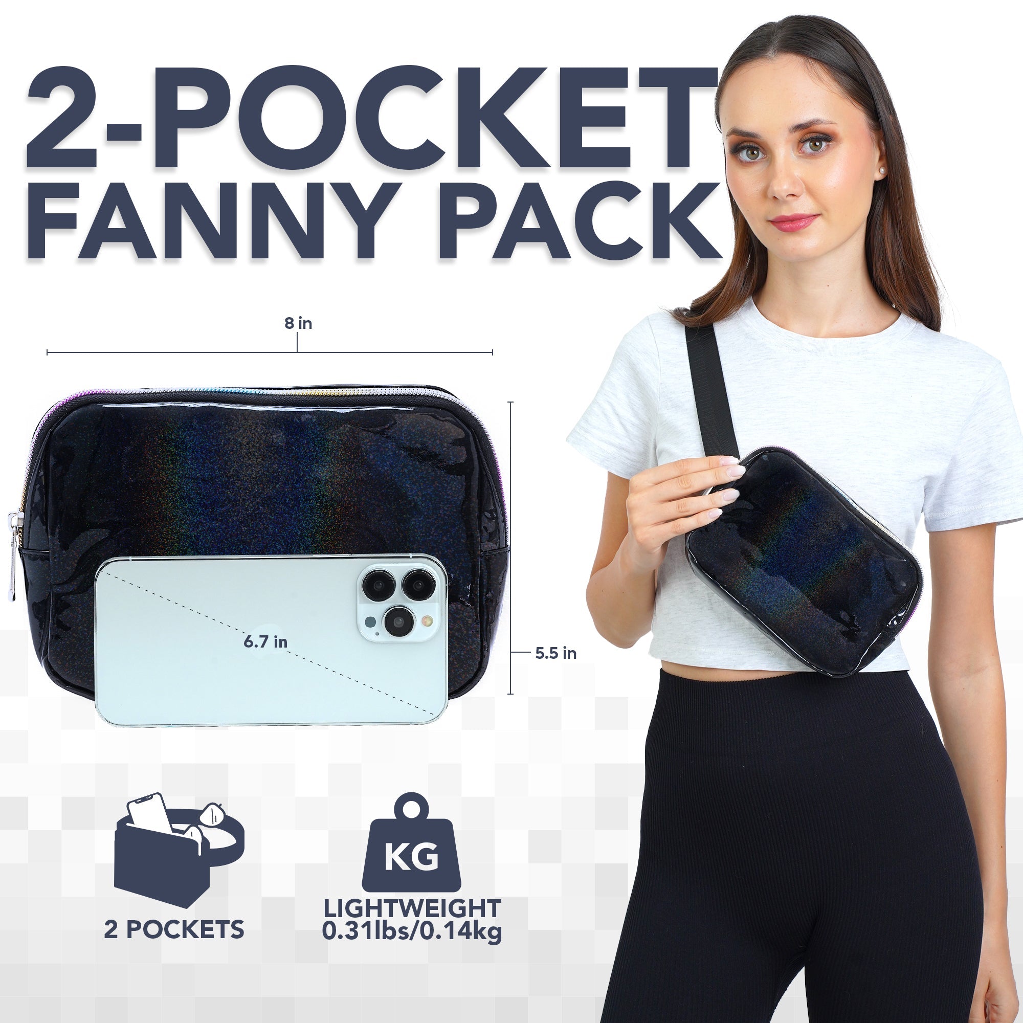 Fanny Pack (1 Pocket) shown with model, featuring sleek design, lightweight construction, and versatile styling options.
