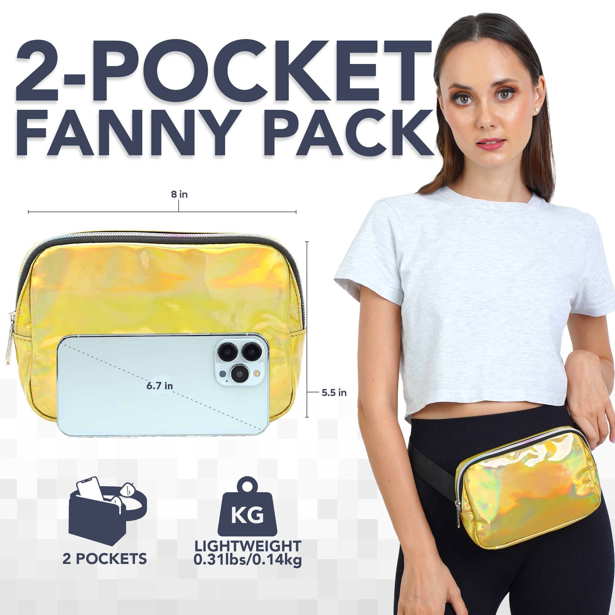 Stylish 2-Pocket Fanny Pack with phone for Rave Outfits, featuring durable design and lightweight construction.