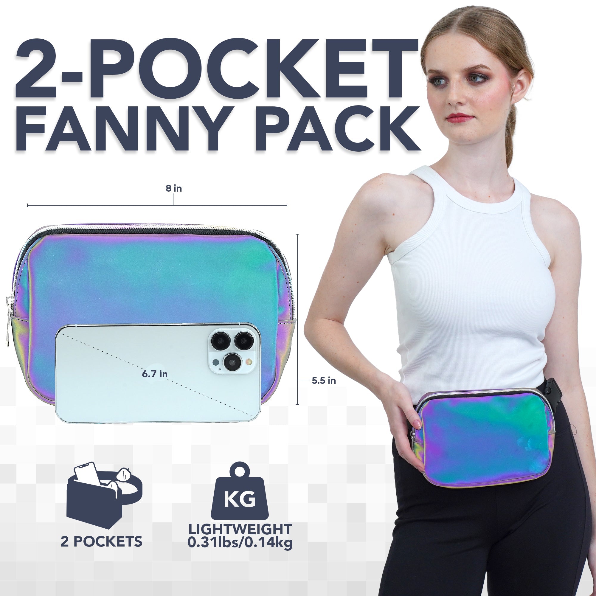 Fanny Pack (1 Pocket) worn by woman, stylish design with 2 pockets, perfect for rave outfits and on-the-go convenience.