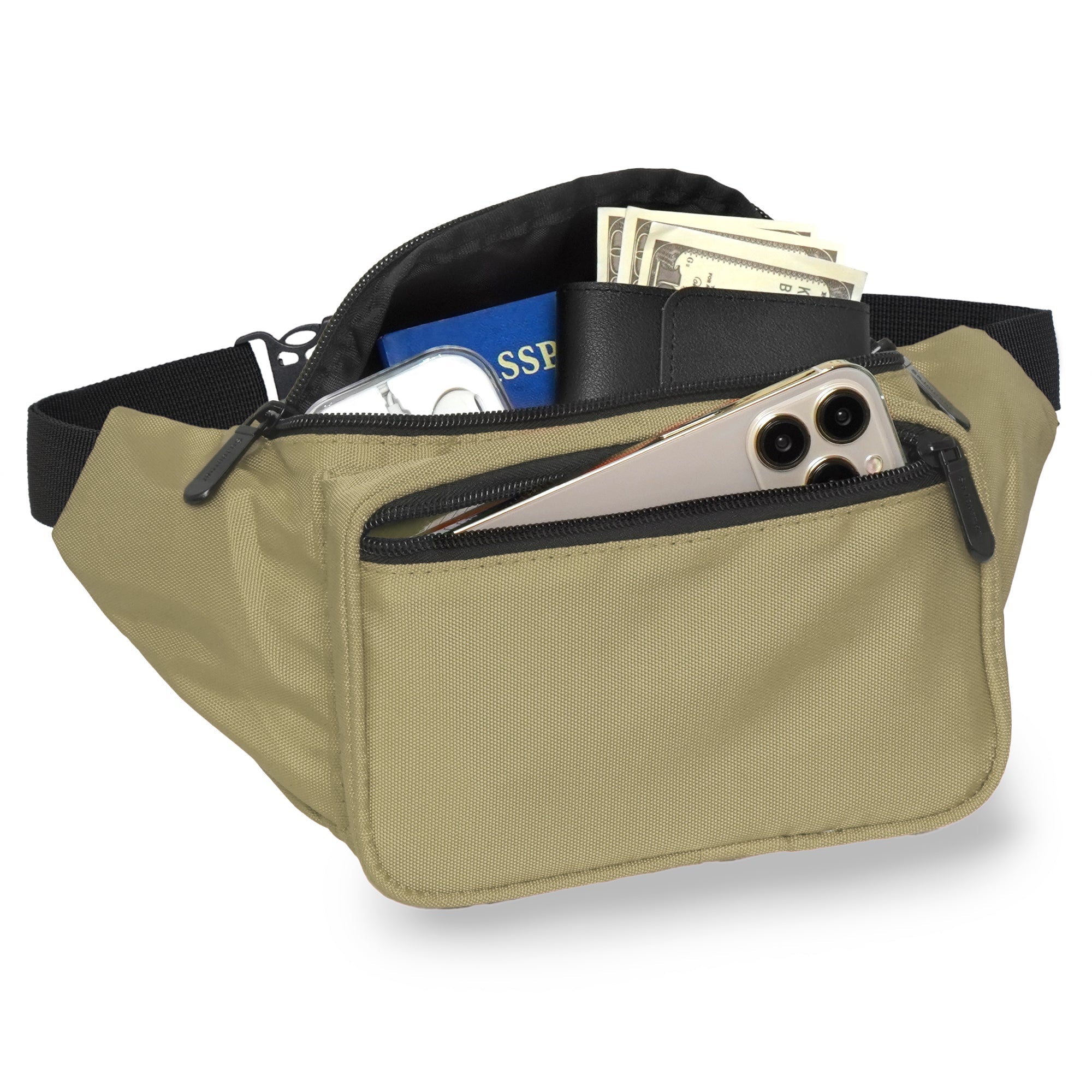 Fanny Pack (Solids) showing spacious 3-pocket design with phone and cash, ideal for Rave Outfits.