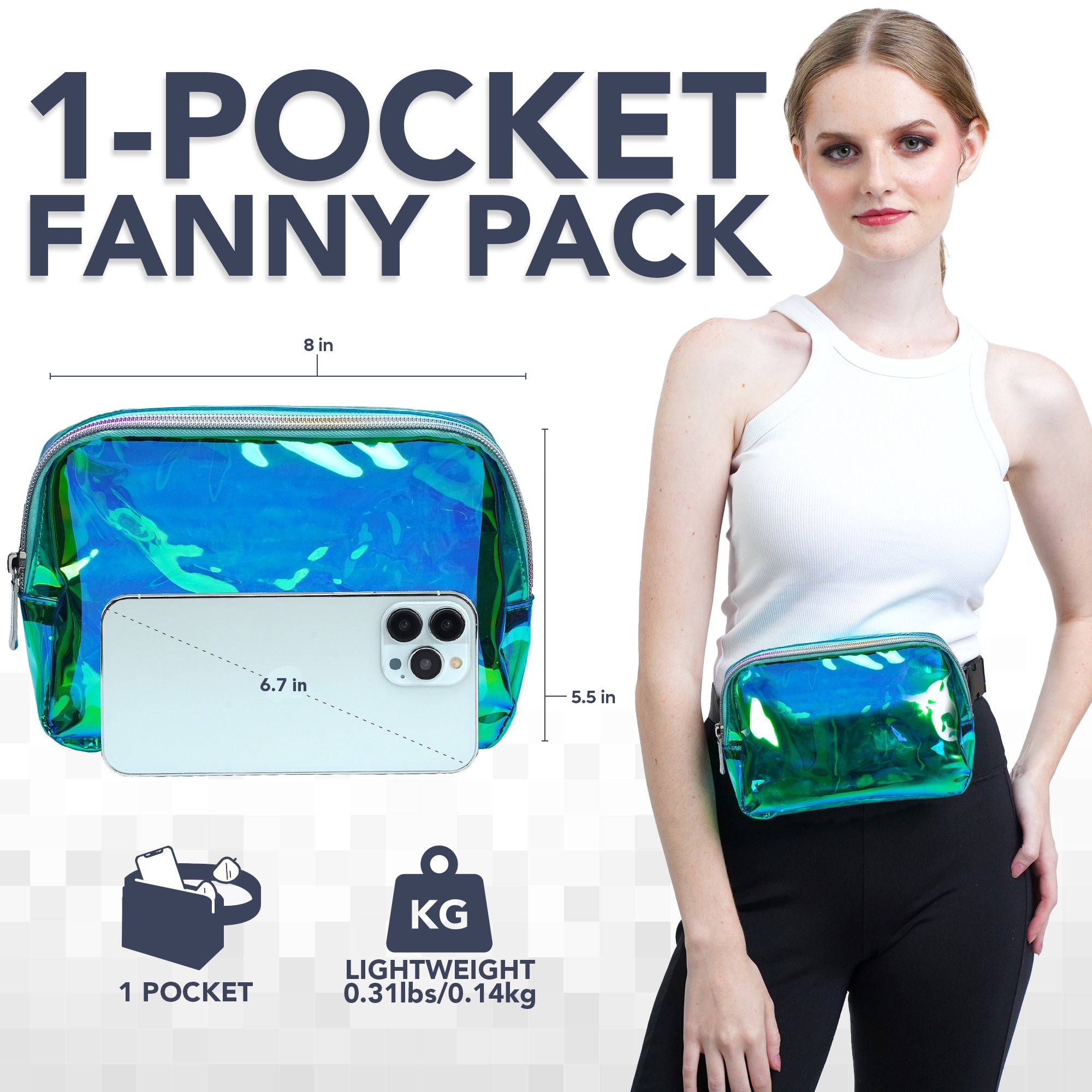 Fanny Pack (1 Pocket) featuring stylish iridescent design, adjustable belt, perfect for rave outfits.
